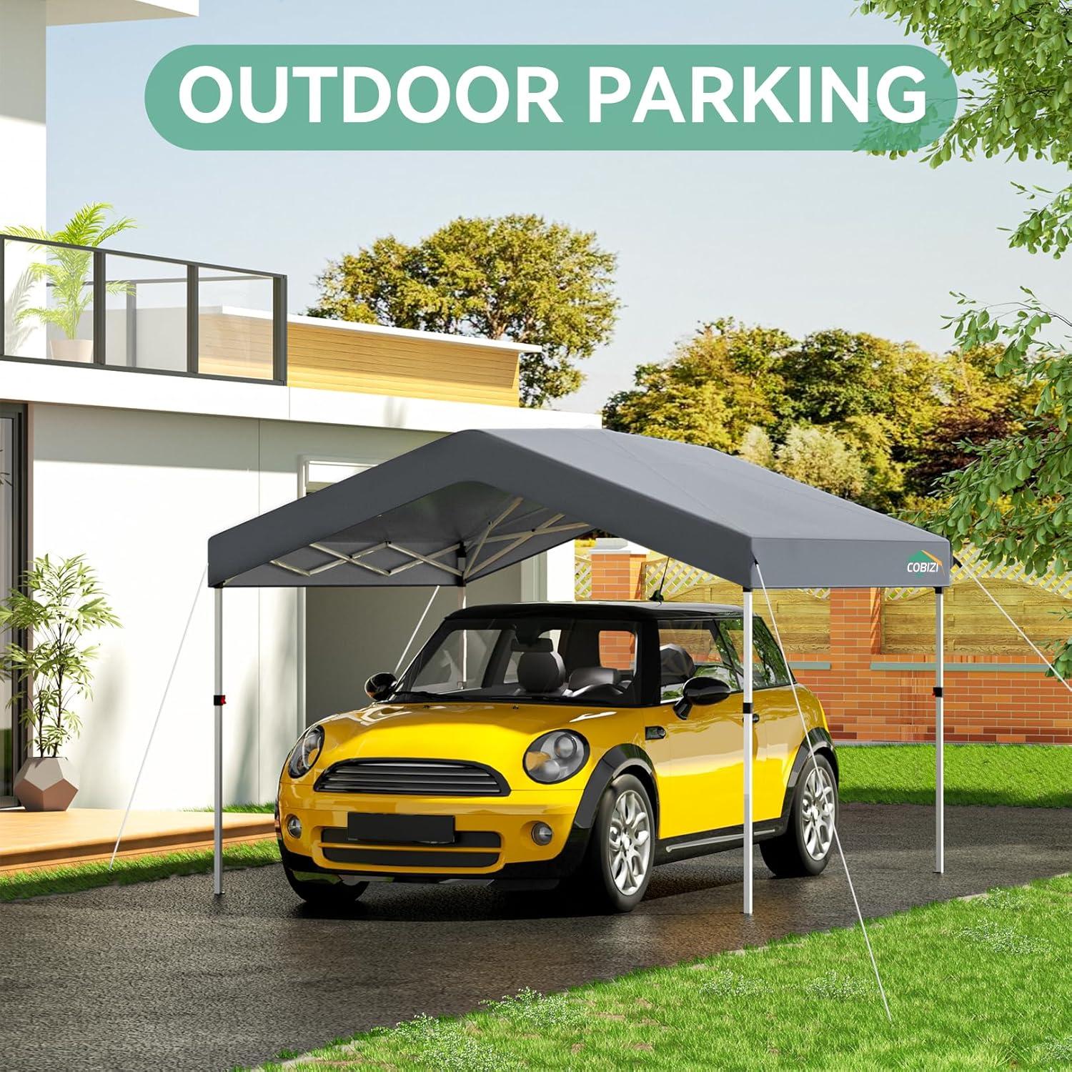 image:imageCOBIZI 10x10 Pop Up Canopy with One Button Push Center Lock Portable Carport with 1 sidewall 10x10 Carport for Parties Commercial Events Waterproof UPF 50 Grey