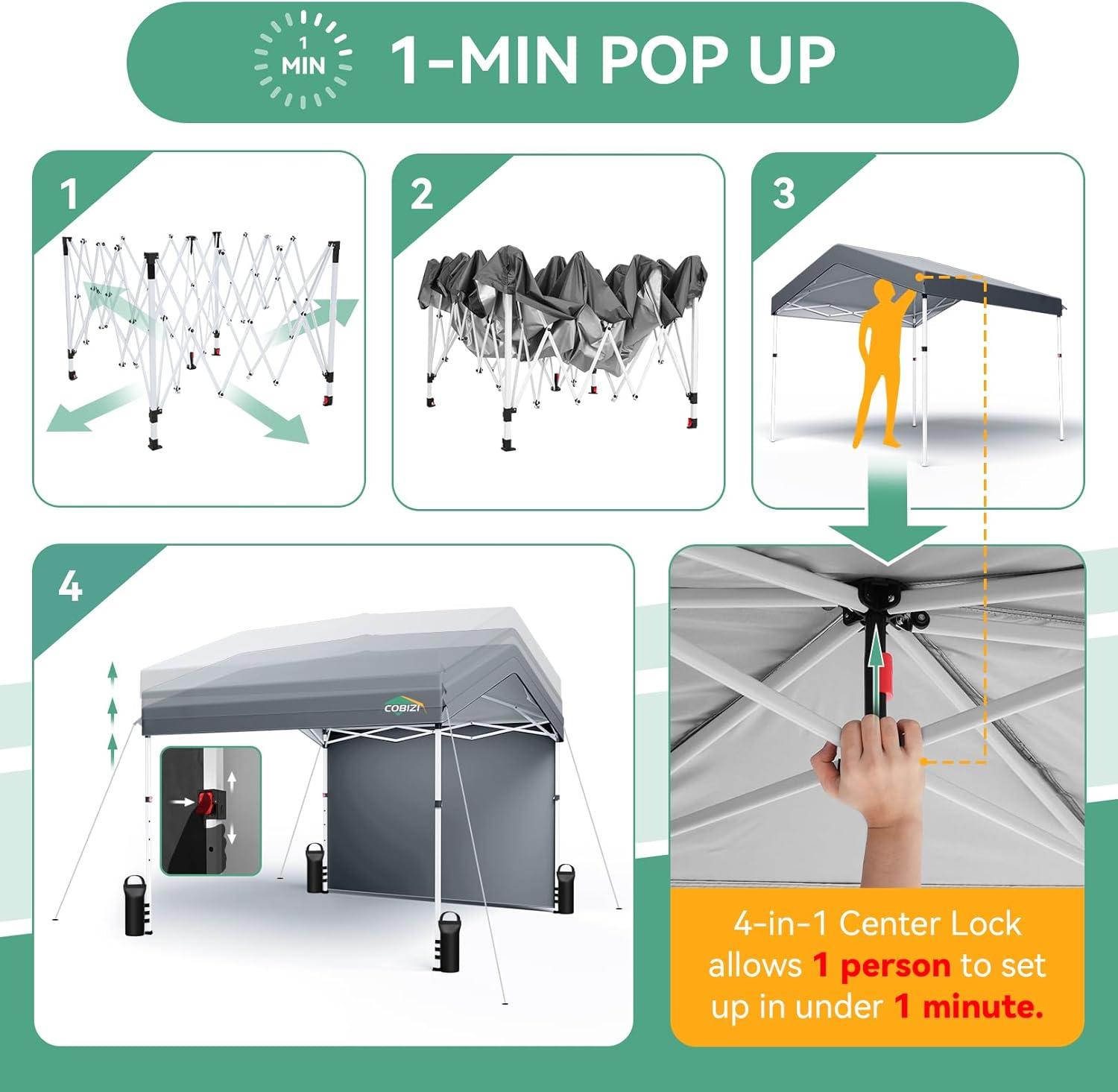 image:imageCOBIZI 10x10 Pop Up Canopy with One Button Push Center Lock Portable Carport with 1 sidewall 10x10 Carport for Parties Commercial Events Waterproof UPF 50 Grey