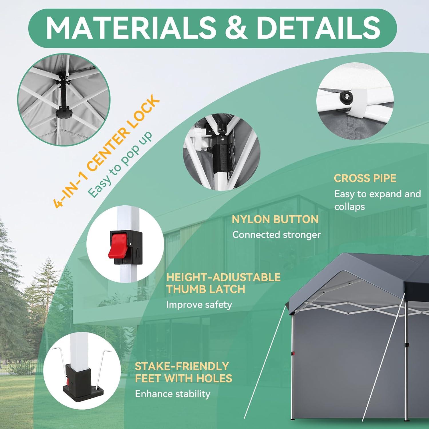 image:imageCOBIZI 10x10 Pop Up Canopy with One Button Push Center Lock Portable Carport with 1 sidewall 10x10 Carport for Parties Commercial Events Waterproof UPF 50 Grey