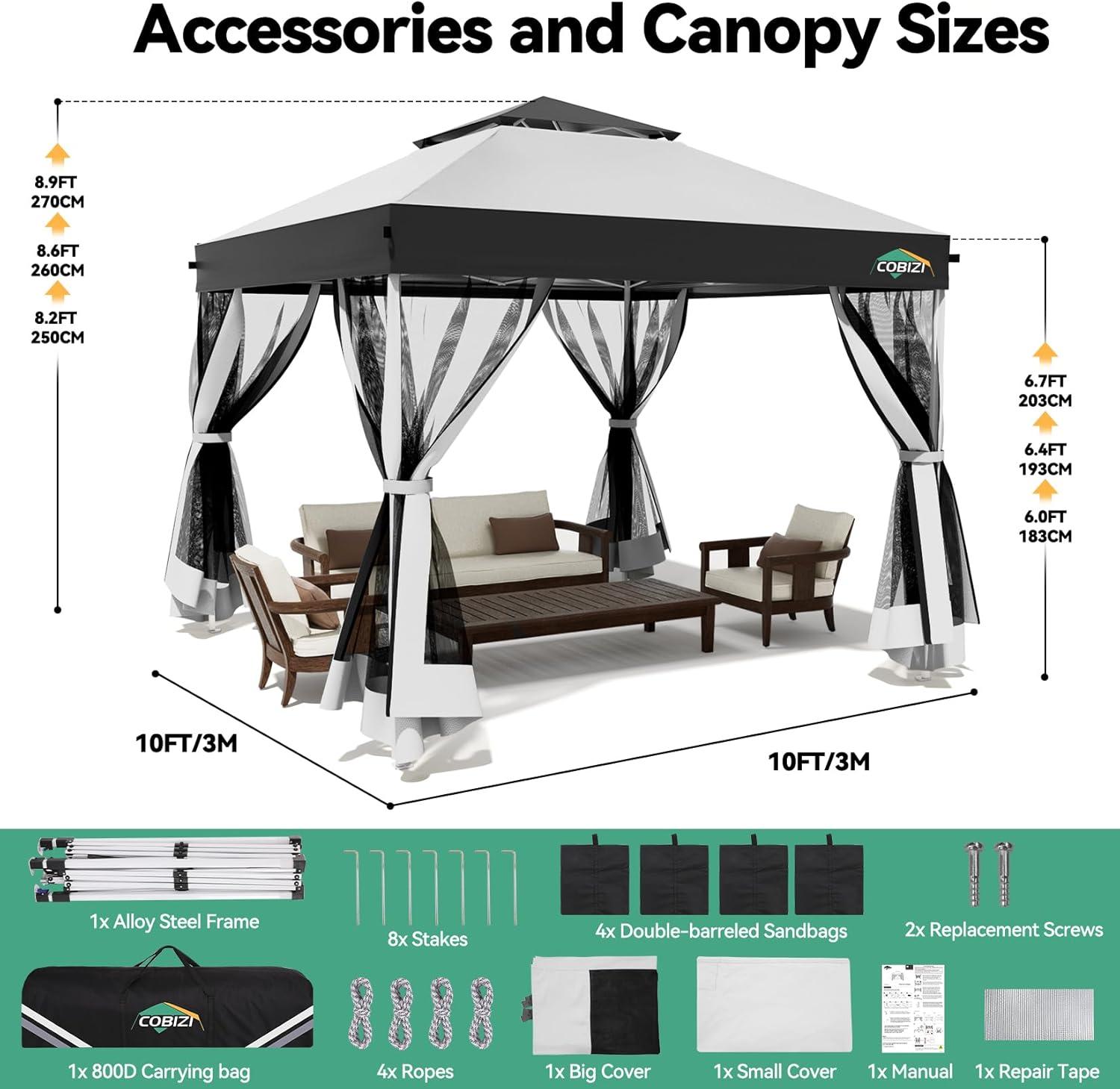 image:imageCOBIZI 10x10 Pop up Gazebo OnePush Setup Canopy Tent with Mosquito Netting amp Vented Roof Design Upgrade Metal Easy up Canopy Carpa Outdoor Gazebos for Backyard Camping Deck BeachWhite amp GrayWhite Gray
