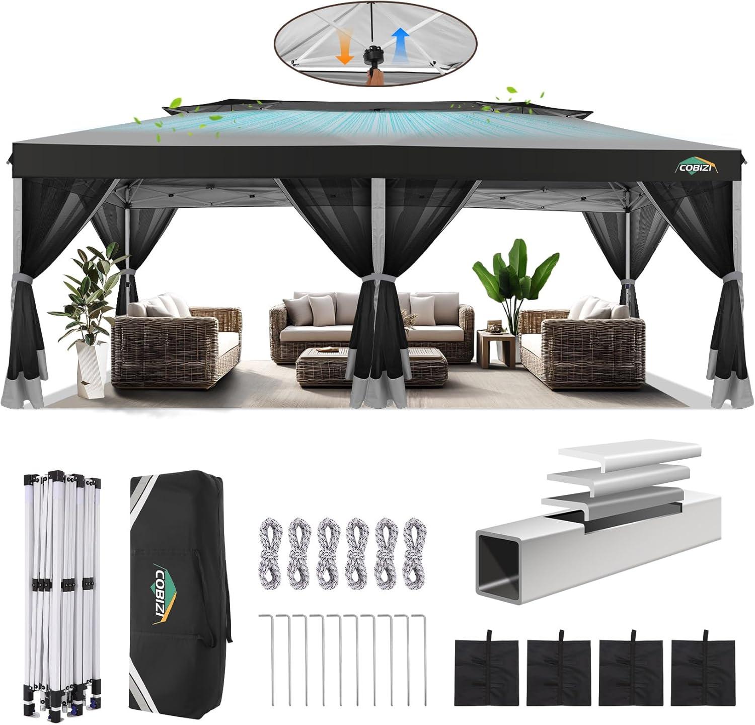 image:imageCOBIZI 10x10 Pop up Gazebo OnePush Setup Canopy Tent with Mosquito Netting amp Vented Roof Design Upgrade Metal Easy up Canopy Carpa Outdoor Gazebos for Backyard Camping Deck BeachWhite amp GrayLight Gray Gray