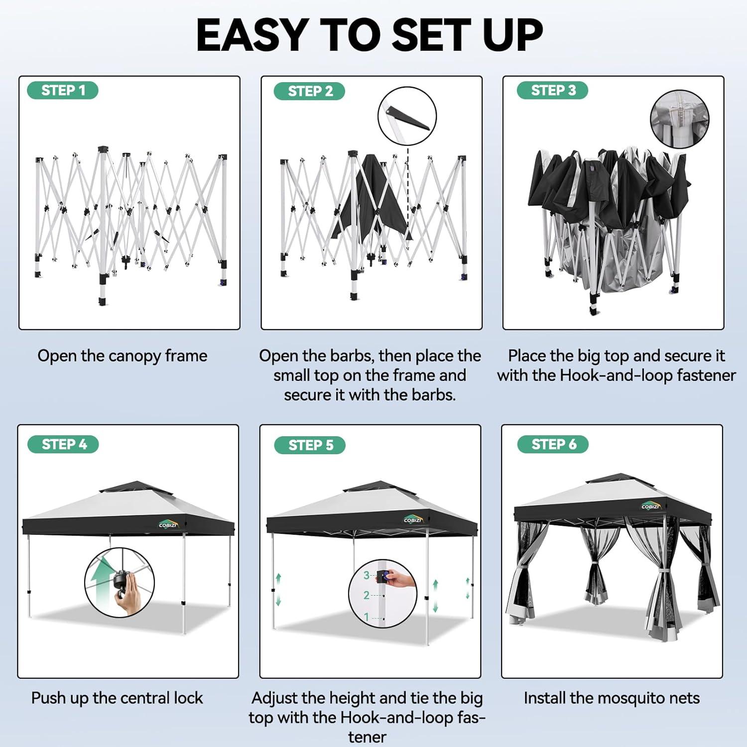 image:imageCOBIZI 10x10 Pop up Gazebo OnePush Setup Canopy Tent with Mosquito Netting amp Vented Roof Design Upgrade Metal Easy up Canopy Carpa Outdoor Gazebos for Backyard Camping Deck BeachWhite amp GrayWhite Gray