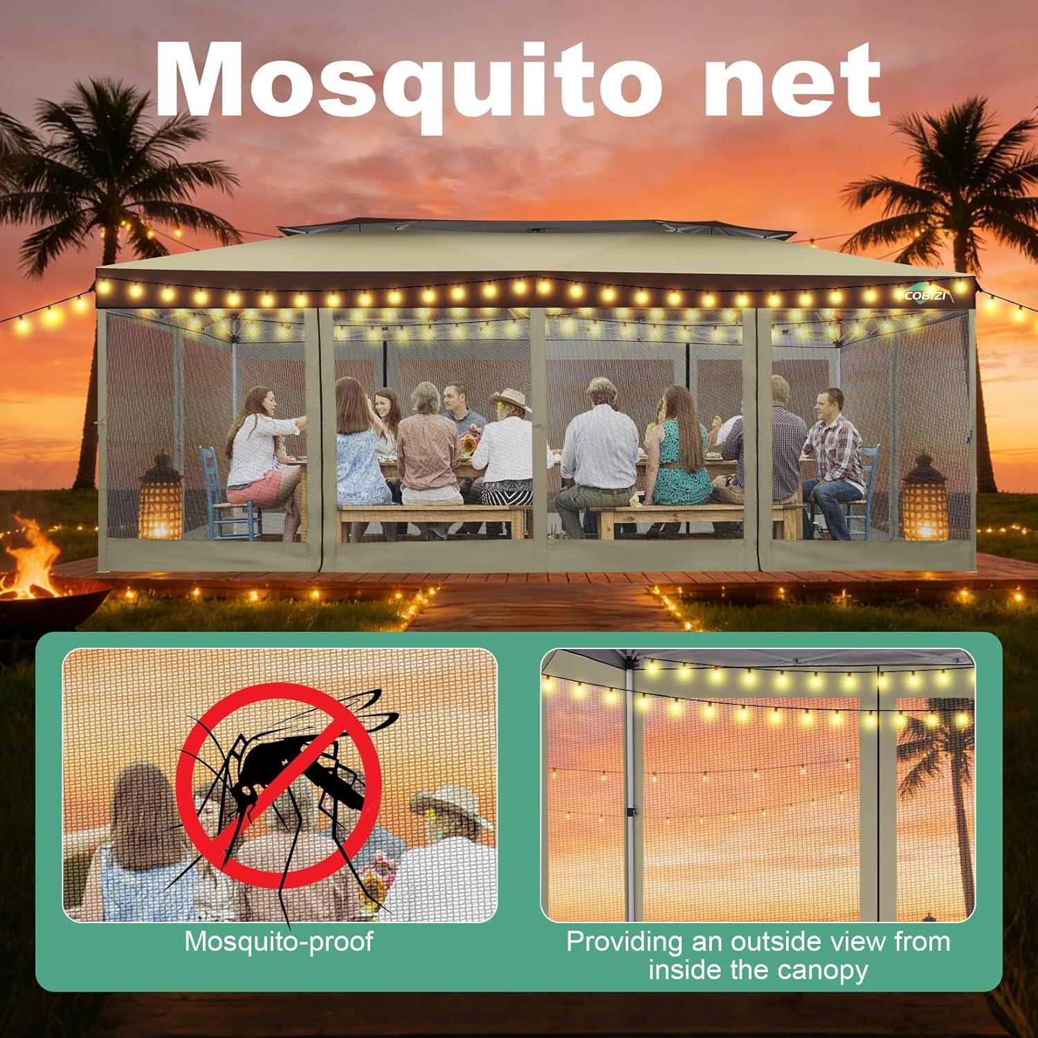 image:imageCOBIZI 10x10 Pop up Gazebo OnePush Setup Canopy Tent with Mosquito Netting amp Vented Roof Design Upgrade Metal Easy up Canopy Carpa Outdoor Gazebos for Backyard Camping Deck BeachWhite amp GrayKhaki Brown