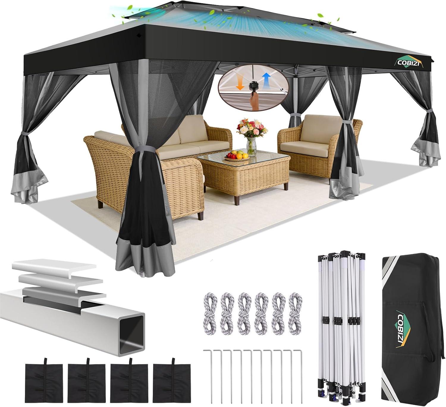 image:imageCOBIZI 10x10 Pop up Gazebo OnePush Setup Canopy Tent with Mosquito Netting amp Vented Roof Design Upgrade Metal Easy up Canopy Carpa Outdoor Gazebos for Backyard Camping Deck BeachWhite amp GrayLight Gray Gray