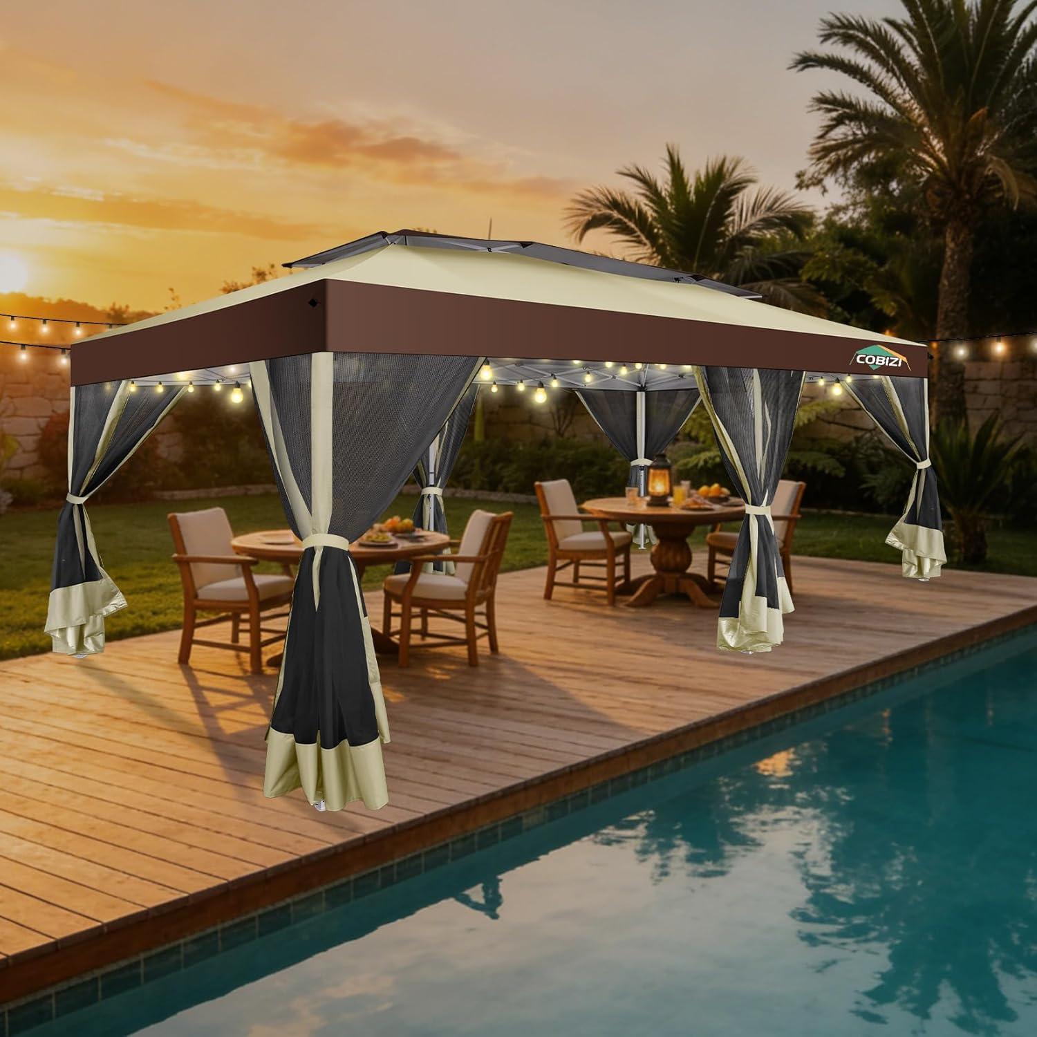 image:imageCOBIZI 10x10 Pop up Gazebo OnePush Setup Canopy Tent with Mosquito Netting amp Vented Roof Design Upgrade Metal Easy up Canopy Carpa Outdoor Gazebos for Backyard Camping Deck BeachWhite amp GrayKhaki Brown