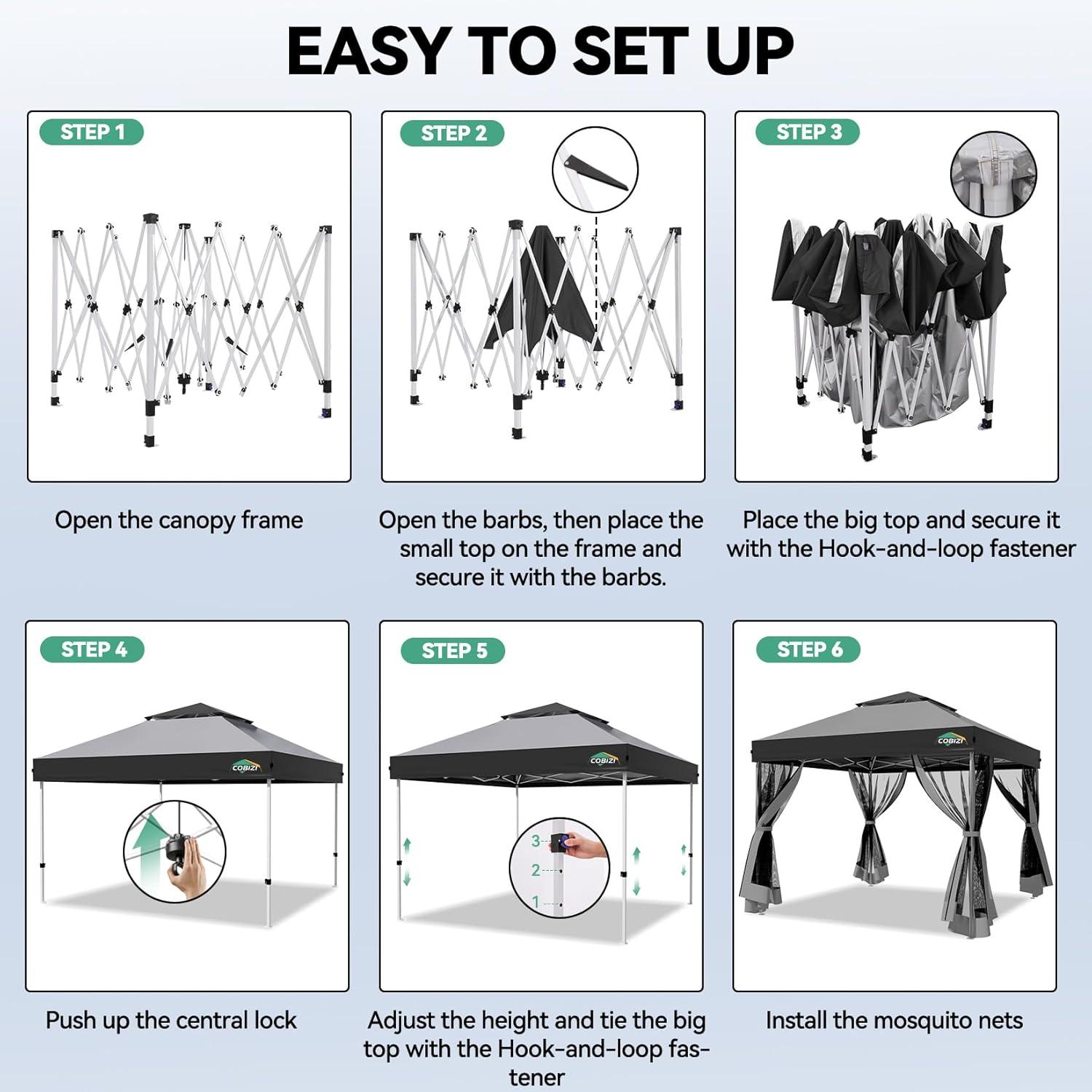 image:imageCOBIZI 10x10 Pop up Gazebo OnePush Setup Canopy Tent with Mosquito Netting amp Vented Roof Design Upgrade Metal Easy up Canopy Carpa Outdoor Gazebos for Backyard Camping Deck BeachWhite amp GrayLight Gray Gray