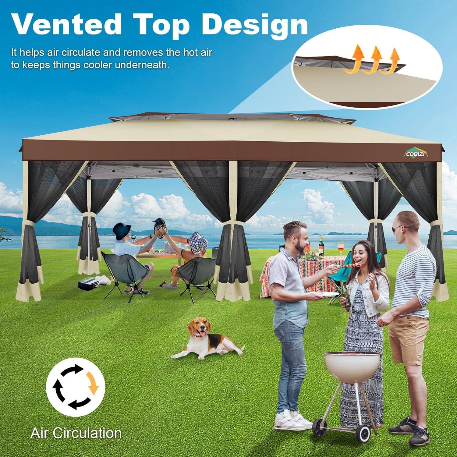 image:imageCOBIZI 10x10 Pop up Gazebo OnePush Setup Canopy Tent with Mosquito Netting amp Vented Roof Design Upgrade Metal Easy up Canopy Carpa Outdoor Gazebos for Backyard Camping Deck BeachWhite amp GrayKhaki Brown