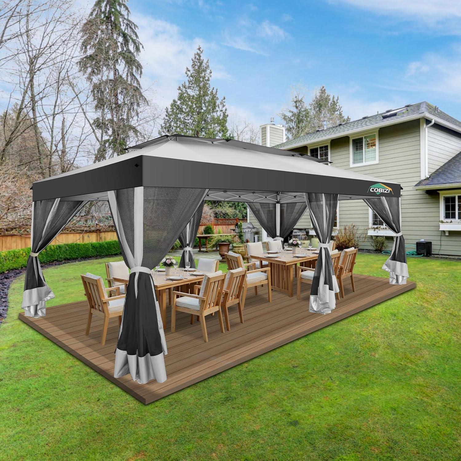 image:imageCOBIZI 10x10 Pop up Gazebo OnePush Setup Canopy Tent with Mosquito Netting amp Vented Roof Design Upgrade Metal Easy up Canopy Carpa Outdoor Gazebos for Backyard Camping Deck BeachWhite amp GrayWhite Gray