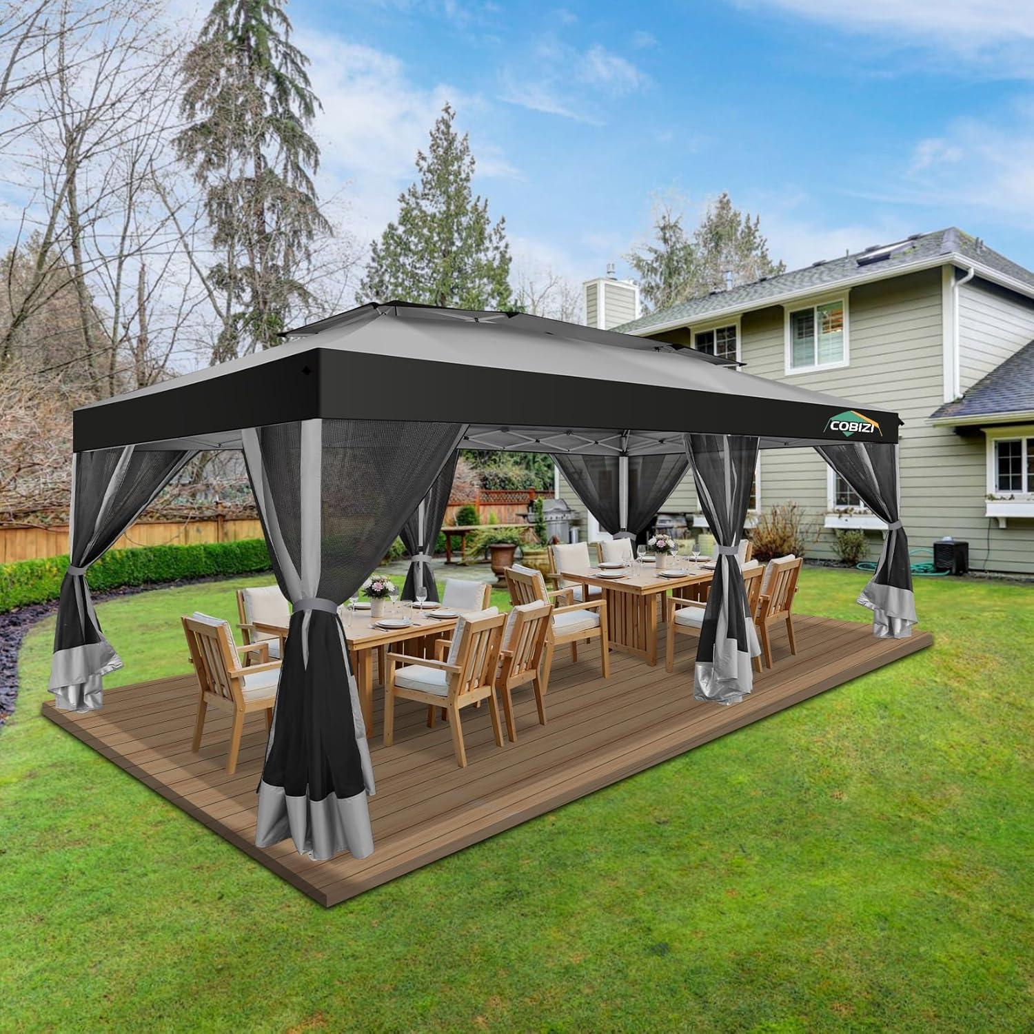 image:imageCOBIZI 10x10 Pop up Gazebo OnePush Setup Canopy Tent with Mosquito Netting amp Vented Roof Design Upgrade Metal Easy up Canopy Carpa Outdoor Gazebos for Backyard Camping Deck BeachWhite amp GrayLight Gray Gray