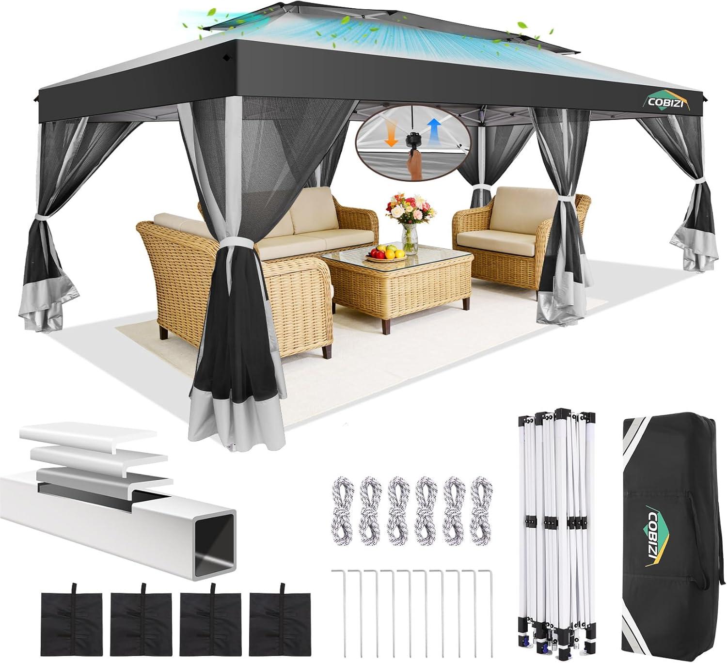 image:imageCOBIZI 10x10 Pop up Gazebo OnePush Setup Canopy Tent with Mosquito Netting amp Vented Roof Design Upgrade Metal Easy up Canopy Carpa Outdoor Gazebos for Backyard Camping Deck BeachWhite amp GrayWhite Gray