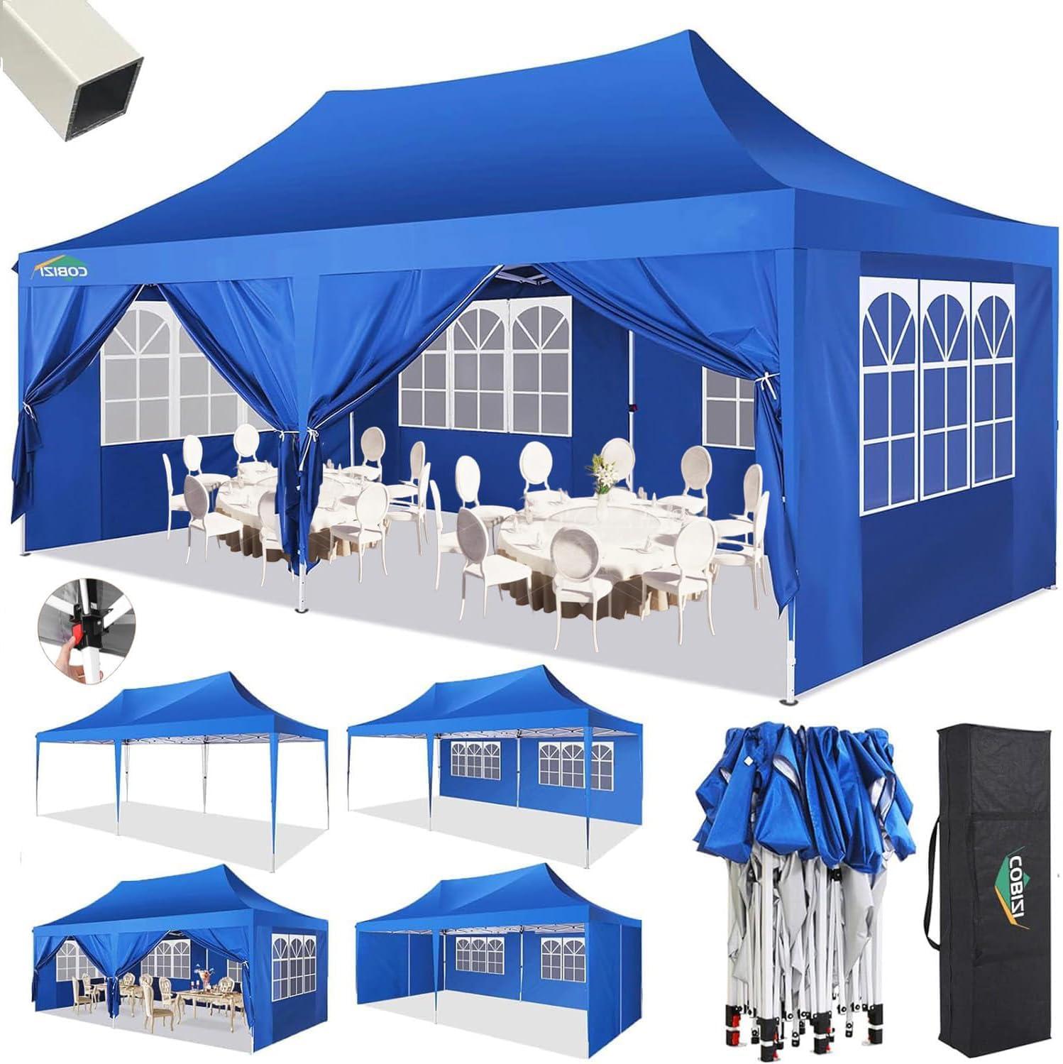 image:imageCOBIZI 10x10 Pop up Gazebo OnePush Setup Canopy Tent with Mosquito Netting amp Vented Roof Design Upgrade Metal Easy up Canopy Carpa Outdoor Gazebos for Backyard Camping Deck BeachWhite amp GrayBlue