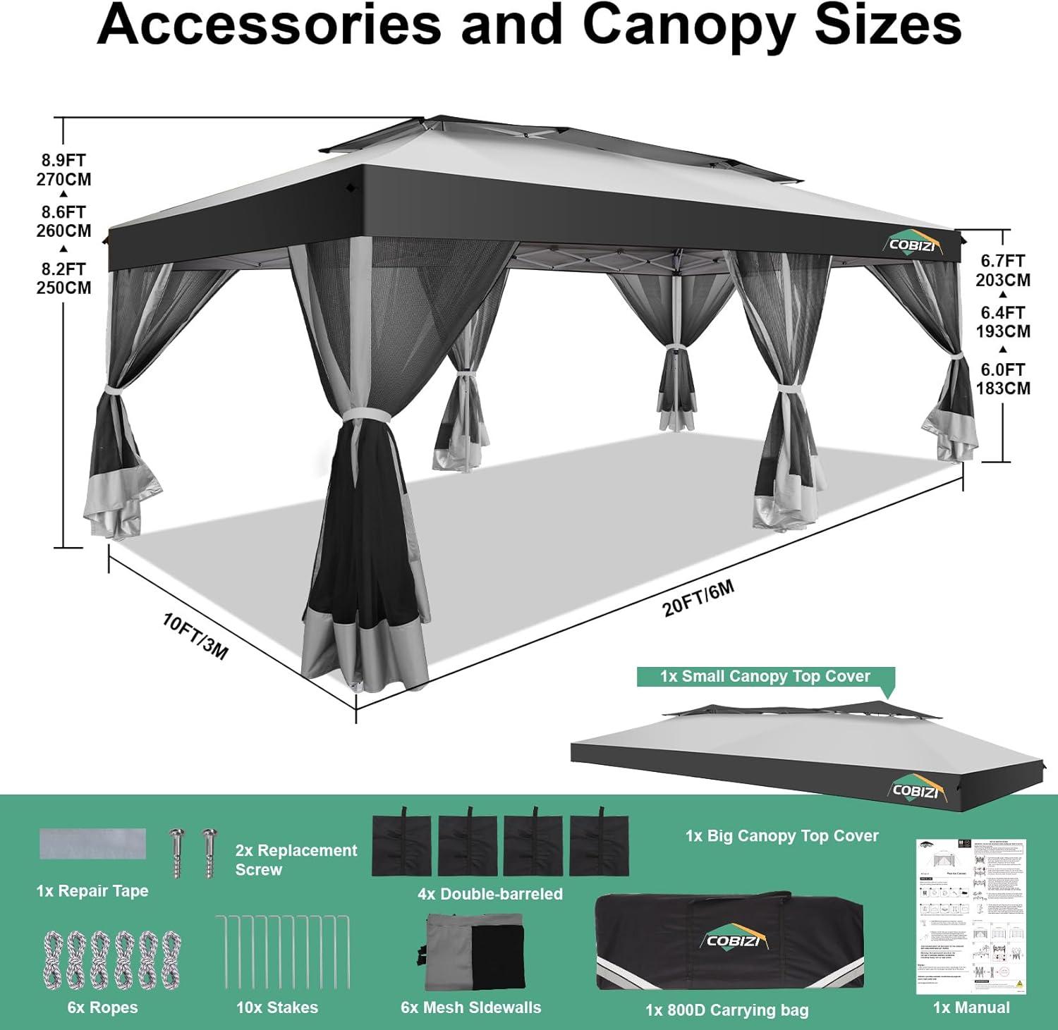 image:imageCOBIZI 10x10 Pop up Gazebo OnePush Setup Canopy Tent with Mosquito Netting amp Vented Roof Design Upgrade Metal Easy up Canopy Carpa Outdoor Gazebos for Backyard Camping Deck BeachWhite amp GrayWhite Gray