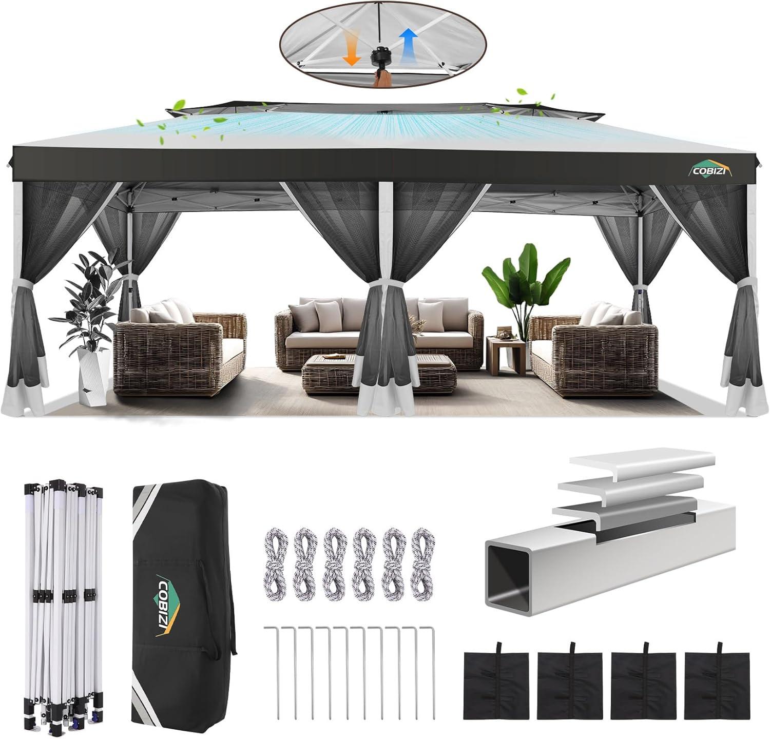 image:imageCOBIZI 10x10 Pop up Gazebo OnePush Setup Canopy Tent with Mosquito Netting amp Vented Roof Design Upgrade Metal Easy up Canopy Carpa Outdoor Gazebos for Backyard Camping Deck BeachWhite amp GrayWhite Gray