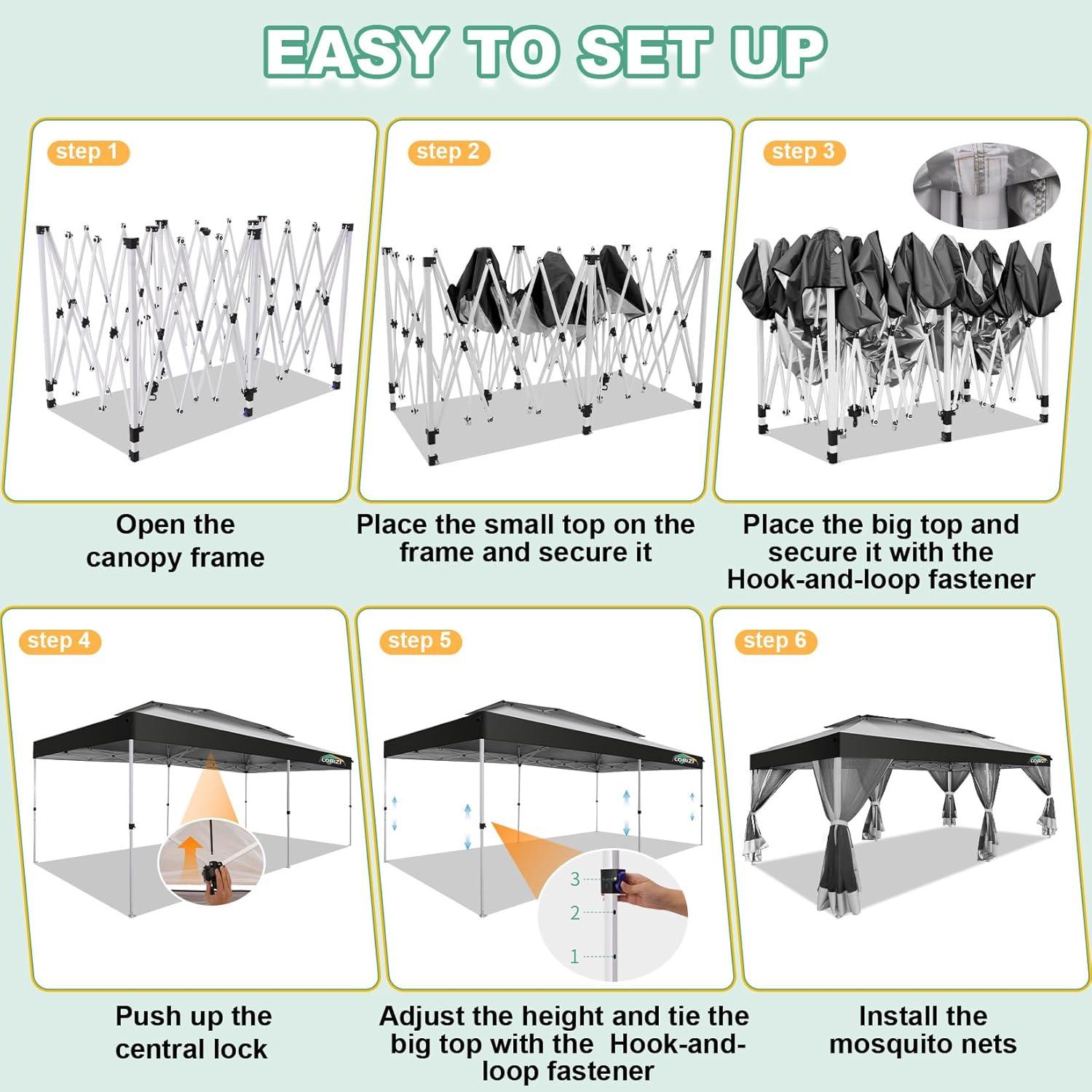 image:imageCOBIZI 10x10 Pop up Gazebo OnePush Setup Canopy Tent with Mosquito Netting amp Vented Roof Design Upgrade Metal Easy up Canopy Carpa Outdoor Gazebos for Backyard Camping Deck BeachWhite amp GrayWhite Gray