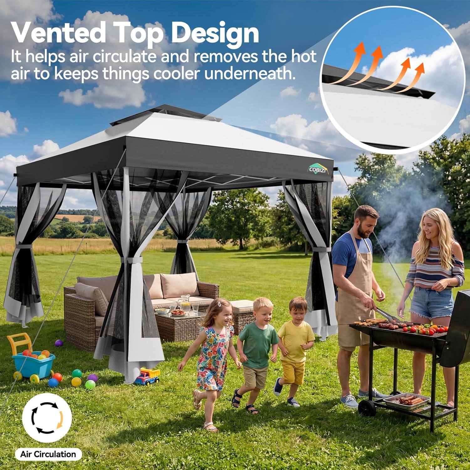 image:imageCOBIZI 10x10 Pop up Gazebo OnePush Setup Canopy Tent with Mosquito Netting amp Vented Roof Design Upgrade Metal Easy up Canopy Carpa Outdoor Gazebos for Backyard Camping Deck BeachWhite amp GrayWhite Gray