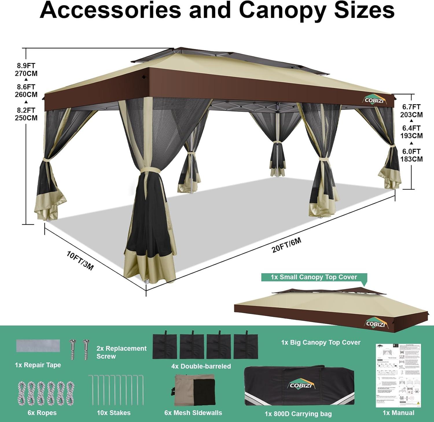 image:imageCOBIZI 10x10 Pop up Gazebo OnePush Setup Canopy Tent with Mosquito Netting amp Vented Roof Design Upgrade Metal Easy up Canopy Carpa Outdoor Gazebos for Backyard Camping Deck BeachWhite amp GrayKhaki Brown
