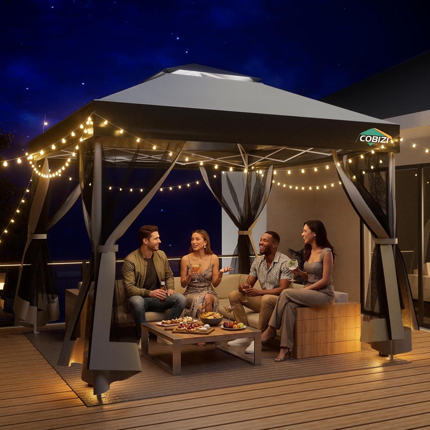image:imageCOBIZI 10x10 Pop up Gazebo OnePush Setup Canopy Tent with Mosquito Netting amp Vented Roof Design Upgrade Metal Easy up Canopy Carpa Outdoor Gazebos for Backyard Camping Deck BeachWhite amp GrayLight Gray Gray