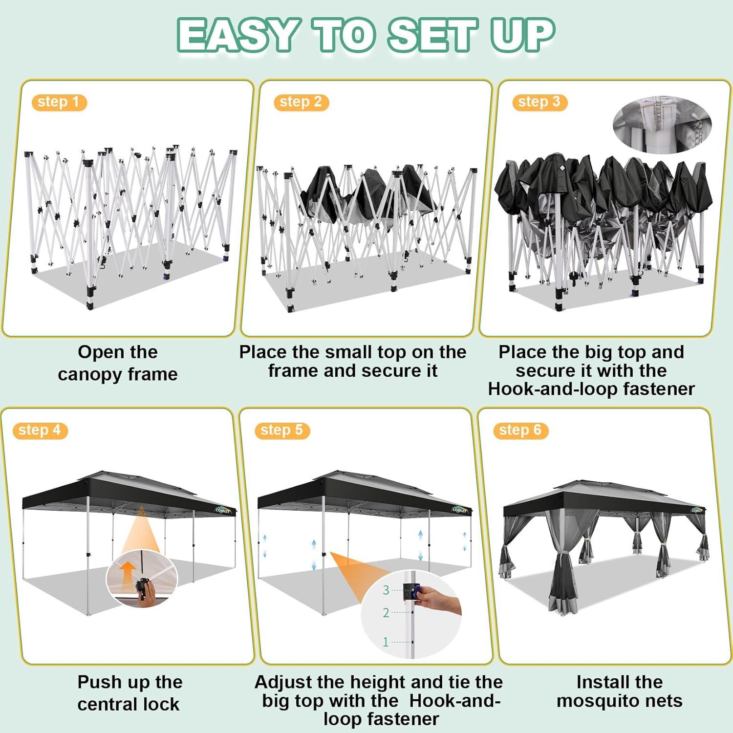 image:imageCOBIZI 10x10 Pop up Gazebo OnePush Setup Canopy Tent with Mosquito Netting amp Vented Roof Design Upgrade Metal Easy up Canopy Carpa Outdoor Gazebos for Backyard Camping Deck BeachWhite amp GrayLight Gray Gray