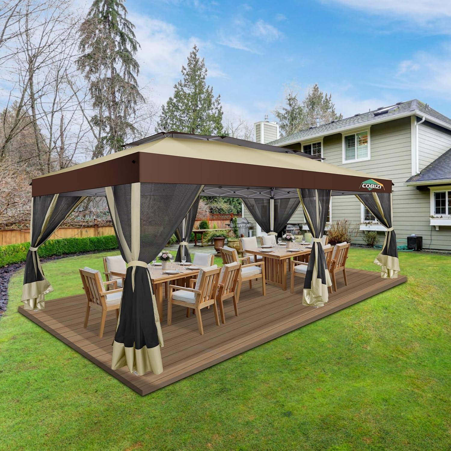 image:imageCOBIZI 10x10 Pop up Gazebo OnePush Setup Canopy Tent with Mosquito Netting amp Vented Roof Design Upgrade Metal Easy up Canopy Carpa Outdoor Gazebos for Backyard Camping Deck BeachWhite amp GrayKhaki Brown