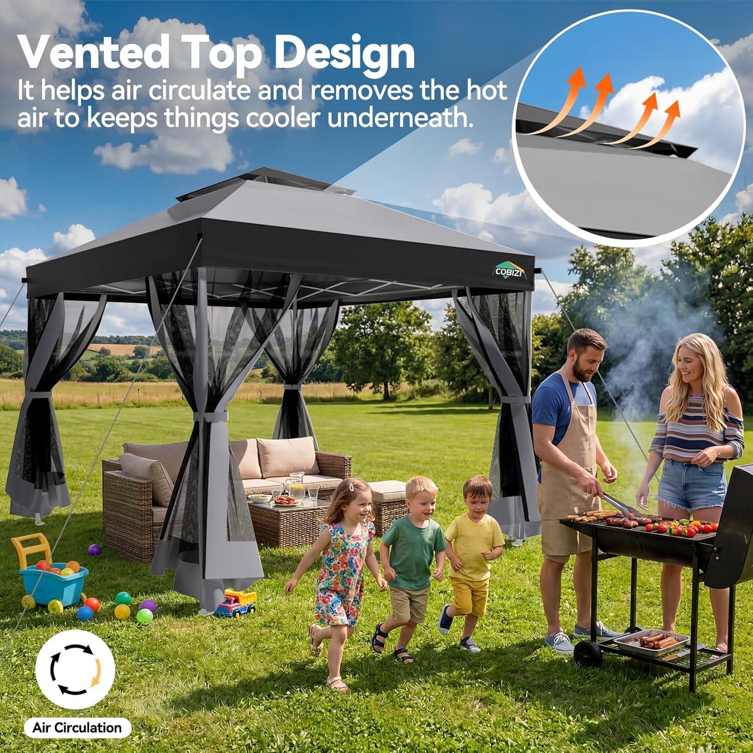 image:imageCOBIZI 10x10 Pop up Gazebo OnePush Setup Canopy Tent with Mosquito Netting amp Vented Roof Design Upgrade Metal Easy up Canopy Carpa Outdoor Gazebos for Backyard Camping Deck BeachWhite amp GrayLight Gray Gray
