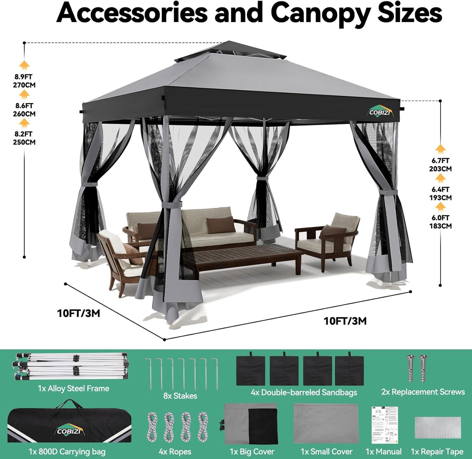 image:imageCOBIZI 10x10 Pop up Gazebo OnePush Setup Canopy Tent with Mosquito Netting amp Vented Roof Design Upgrade Metal Easy up Canopy Carpa Outdoor Gazebos for Backyard Camping Deck BeachWhite amp GrayLight Gray Gray