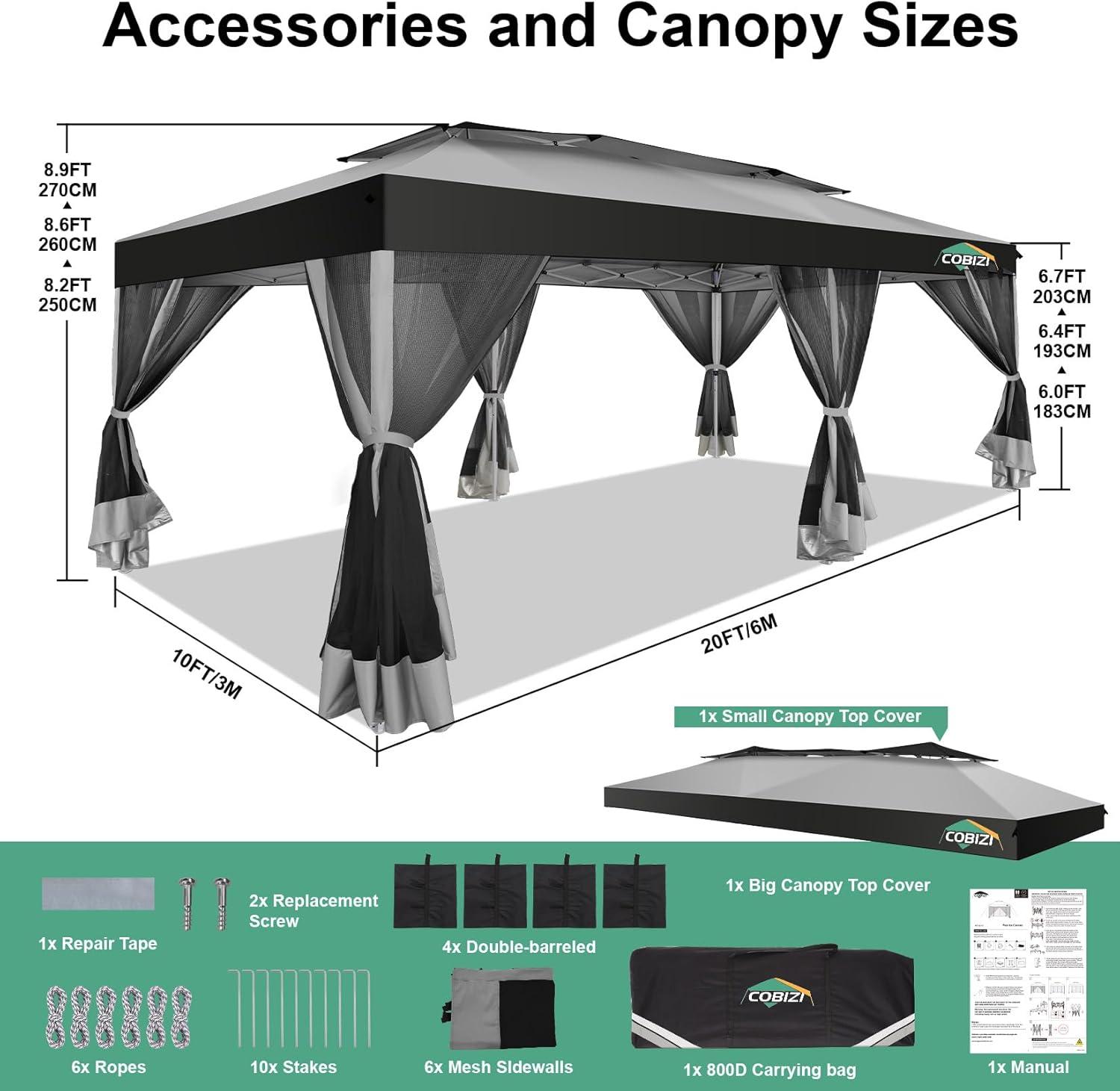 image:imageCOBIZI 10x10 Pop up Gazebo OnePush Setup Canopy Tent with Mosquito Netting amp Vented Roof Design Upgrade Metal Easy up Canopy Carpa Outdoor Gazebos for Backyard Camping Deck BeachWhite amp GrayLight Gray Gray