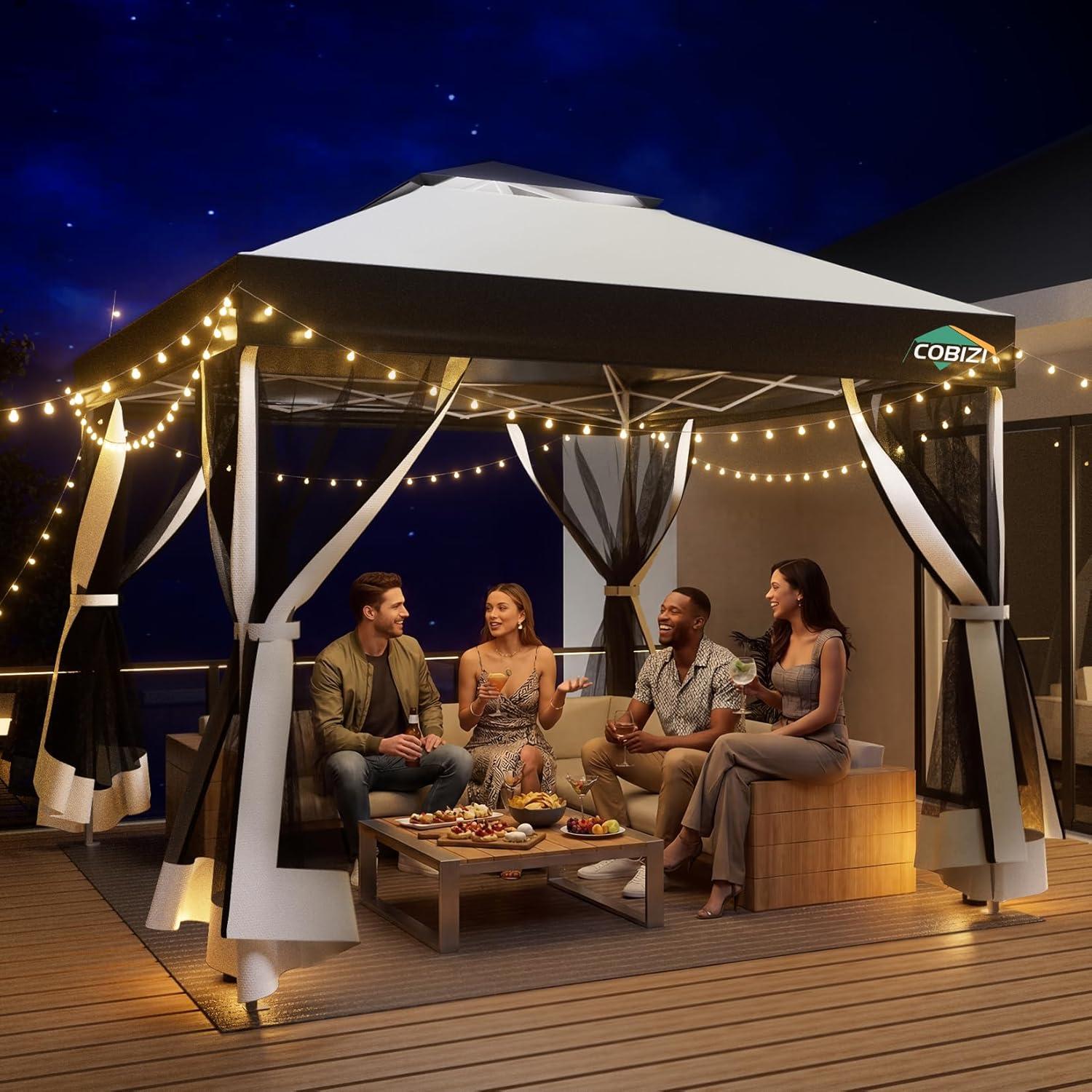 image:imageCOBIZI 10x10 Pop up Gazebo OnePush Setup Canopy Tent with Mosquito Netting amp Vented Roof Design Upgrade Metal Easy up Canopy Carpa Outdoor Gazebos for Backyard Camping Deck BeachWhite amp GrayWhite Gray