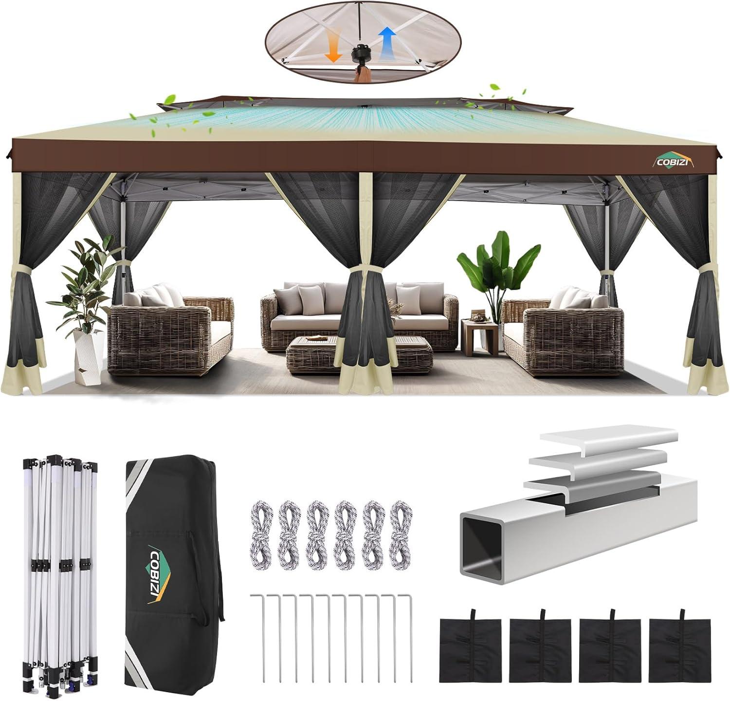 image:imageCOBIZI 10x10 Pop up Gazebo OnePush Setup Canopy Tent with Mosquito Netting amp Vented Roof Design Upgrade Metal Easy up Canopy Carpa Outdoor Gazebos for Backyard Camping Deck BeachWhite amp GrayKhaki Brown