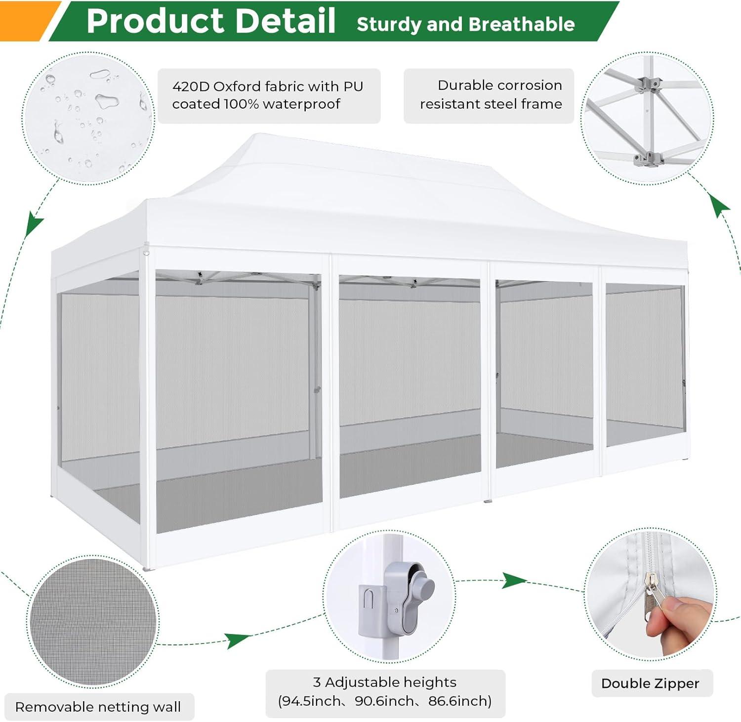 image:imageCOBIZI 10x20 Heavy Duty Pop Up Canopy Tent with 6 Sidewalls Easy Set Up Outdoor Waterproof Screen Commercial Party Tent with Mosquito Netting for Parties Backyard Patio Roller Bag GrayWhite