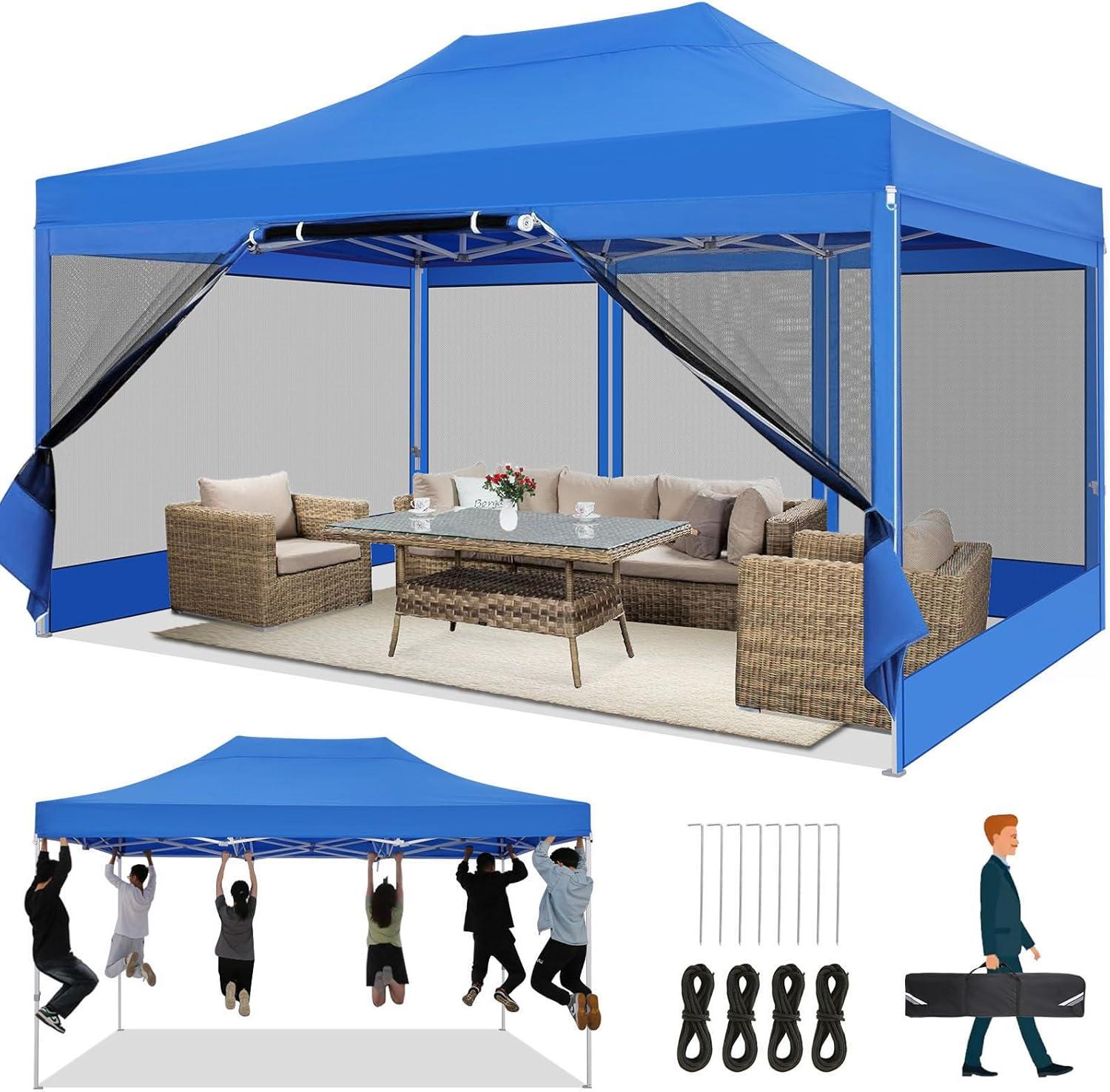 image:imageCOBIZI 10x20 Heavy Duty Pop Up Canopy Tent with 6 Sidewalls Easy Set Up Outdoor Waterproof Screen Commercial Party Tent with Mosquito Netting for Parties Backyard Patio Roller Bag GrayBlue
