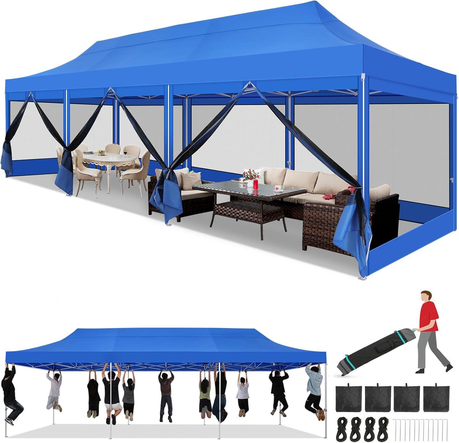image:imageCOBIZI 10x20 Heavy Duty Pop Up Canopy Tent with 6 Sidewalls Easy Set Up Outdoor Waterproof Screen Commercial Party Tent with Mosquito Netting for Parties Backyard Patio Roller Bag GrayBlue