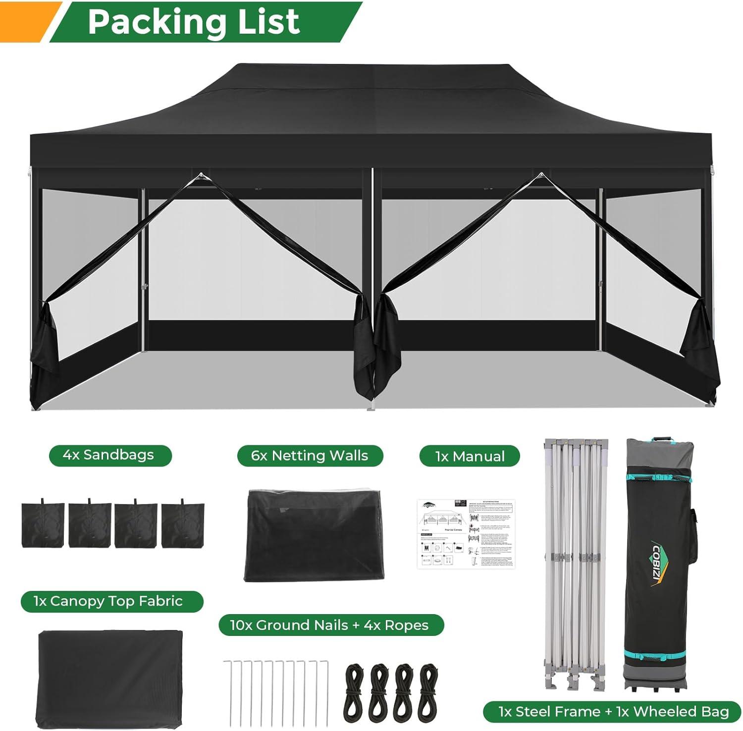 image:imageCOBIZI 10x20 Heavy Duty Pop Up Canopy Tent with 6 Sidewalls Easy Set Up Outdoor Waterproof Screen Commercial Party Tent with Mosquito Netting for Parties Backyard Patio Roller Bag GrayBlack