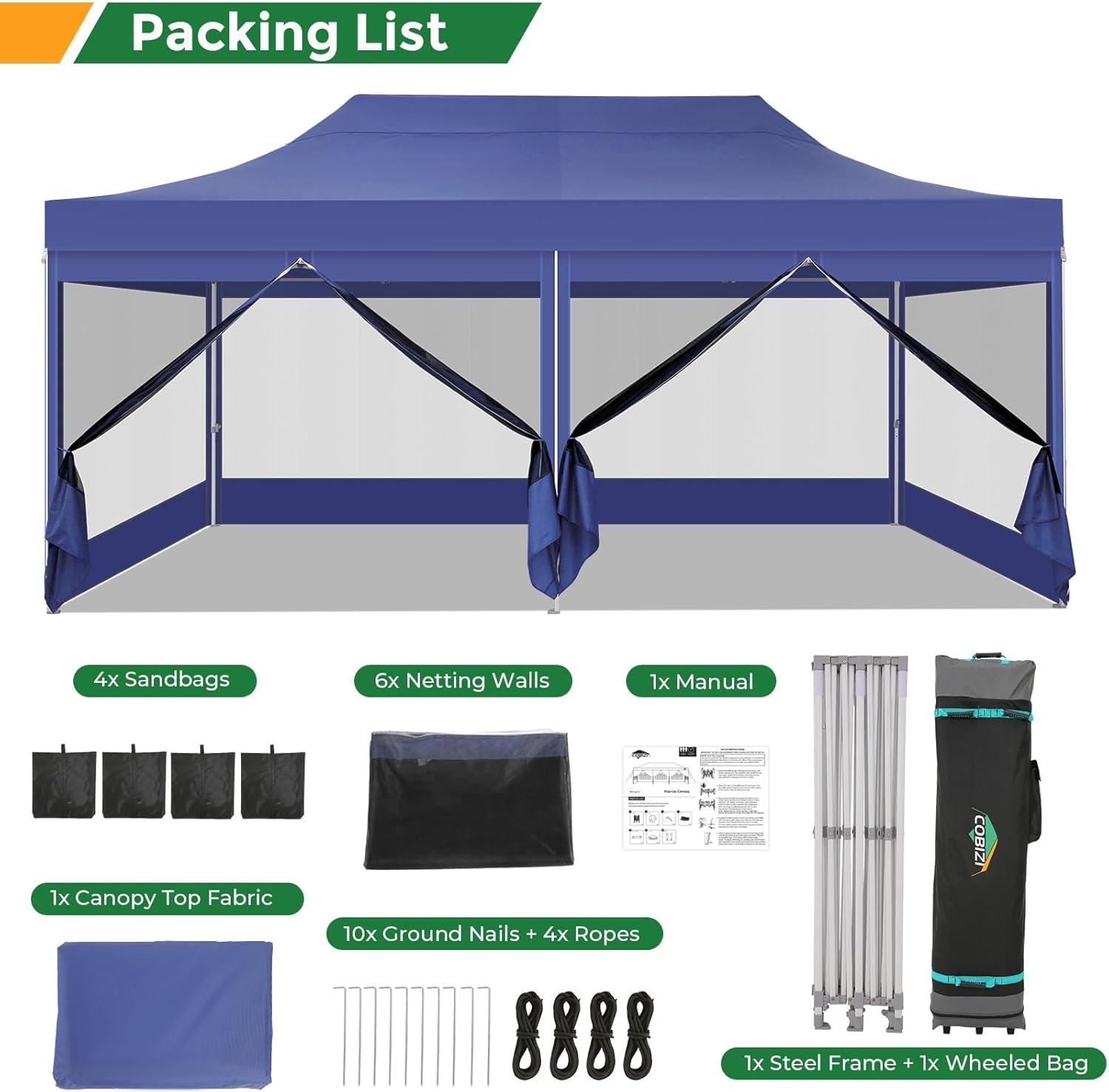 image:imageCOBIZI 10x20 Heavy Duty Pop Up Canopy Tent with 6 Sidewalls Easy Set Up Outdoor Waterproof Screen Commercial Party Tent with Mosquito Netting for Parties Backyard Patio Roller Bag GrayDark Blue