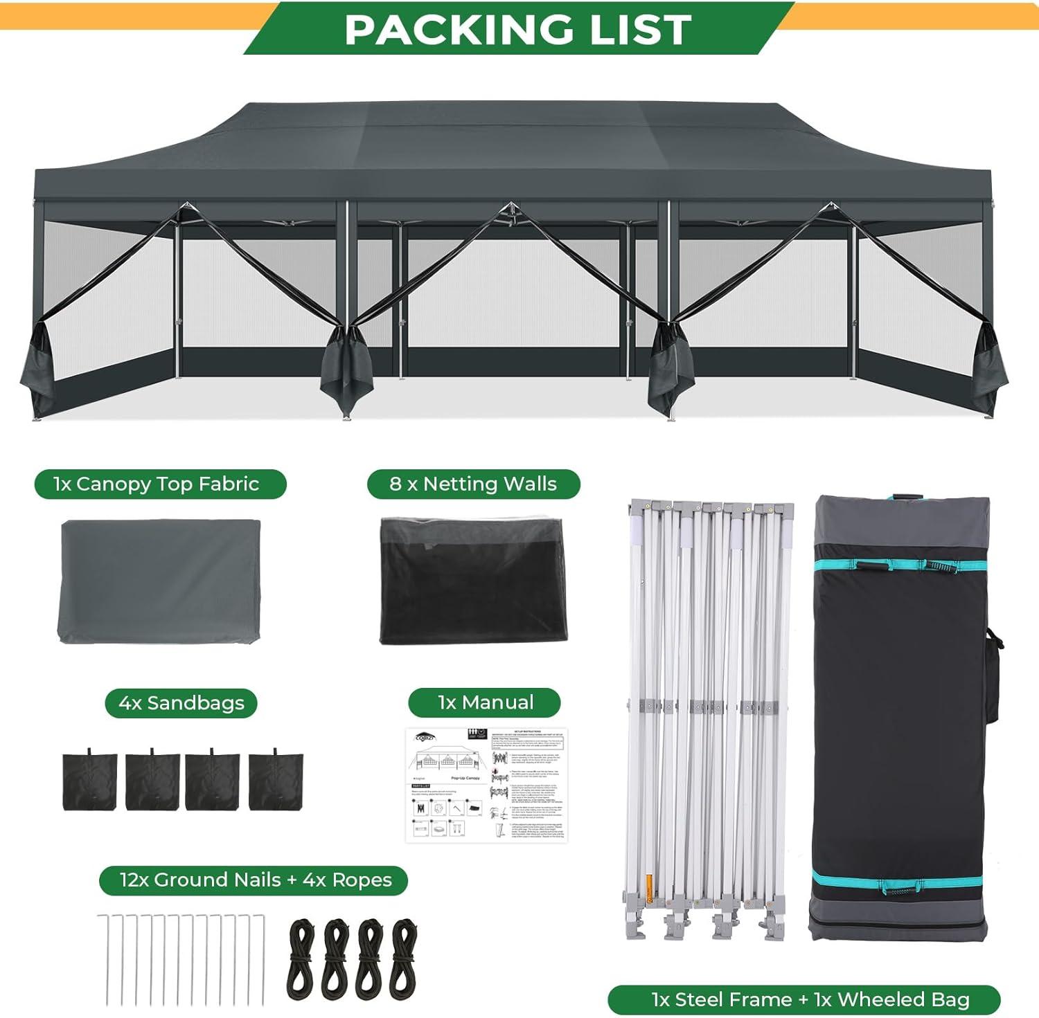 image:imageCOBIZI 10x20 Heavy Duty Pop Up Canopy Tent with 6 Sidewalls Easy Set Up Outdoor Waterproof Screen Commercial Party Tent with Mosquito Netting for Parties Backyard Patio Roller Bag GrayGray