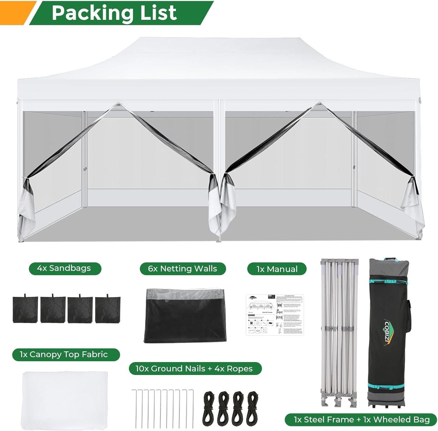 image:imageCOBIZI 10x20 Heavy Duty Pop Up Canopy Tent with 6 Sidewalls Easy Set Up Outdoor Waterproof Screen Commercial Party Tent with Mosquito Netting for Parties Backyard Patio Roller Bag GrayWhite