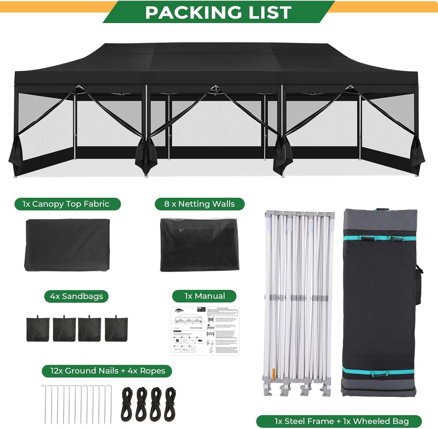 image:imageCOBIZI 10x20 Heavy Duty Pop Up Canopy Tent with 6 Sidewalls Easy Set Up Outdoor Waterproof Screen Commercial Party Tent with Mosquito Netting for Parties Backyard Patio Roller Bag GrayJet Black