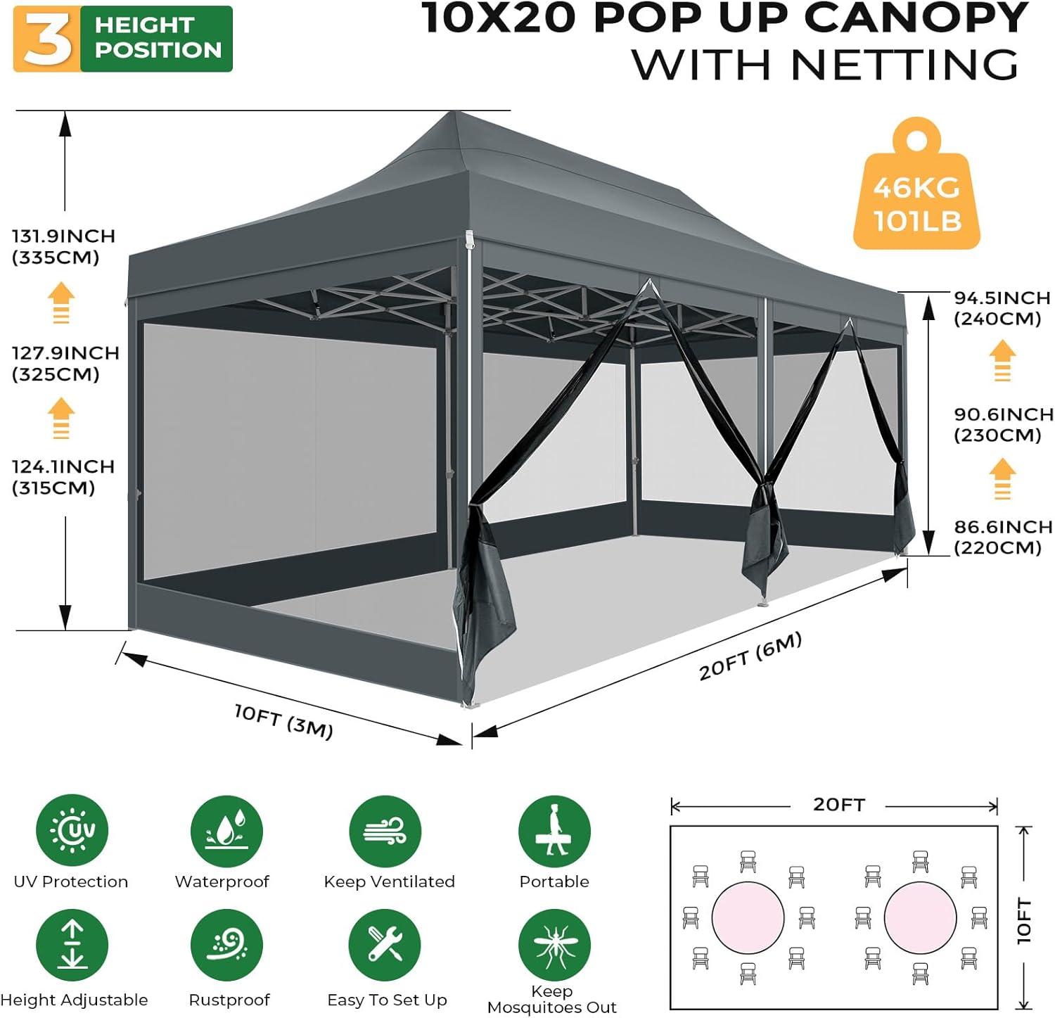 image:imageCOBIZI 10x20 Heavy Duty Pop Up Canopy Tent with 6 Sidewalls Easy Set Up Outdoor Waterproof Screen Commercial Party Tent with Mosquito Netting for Parties Backyard Patio Roller Bag GrayGray