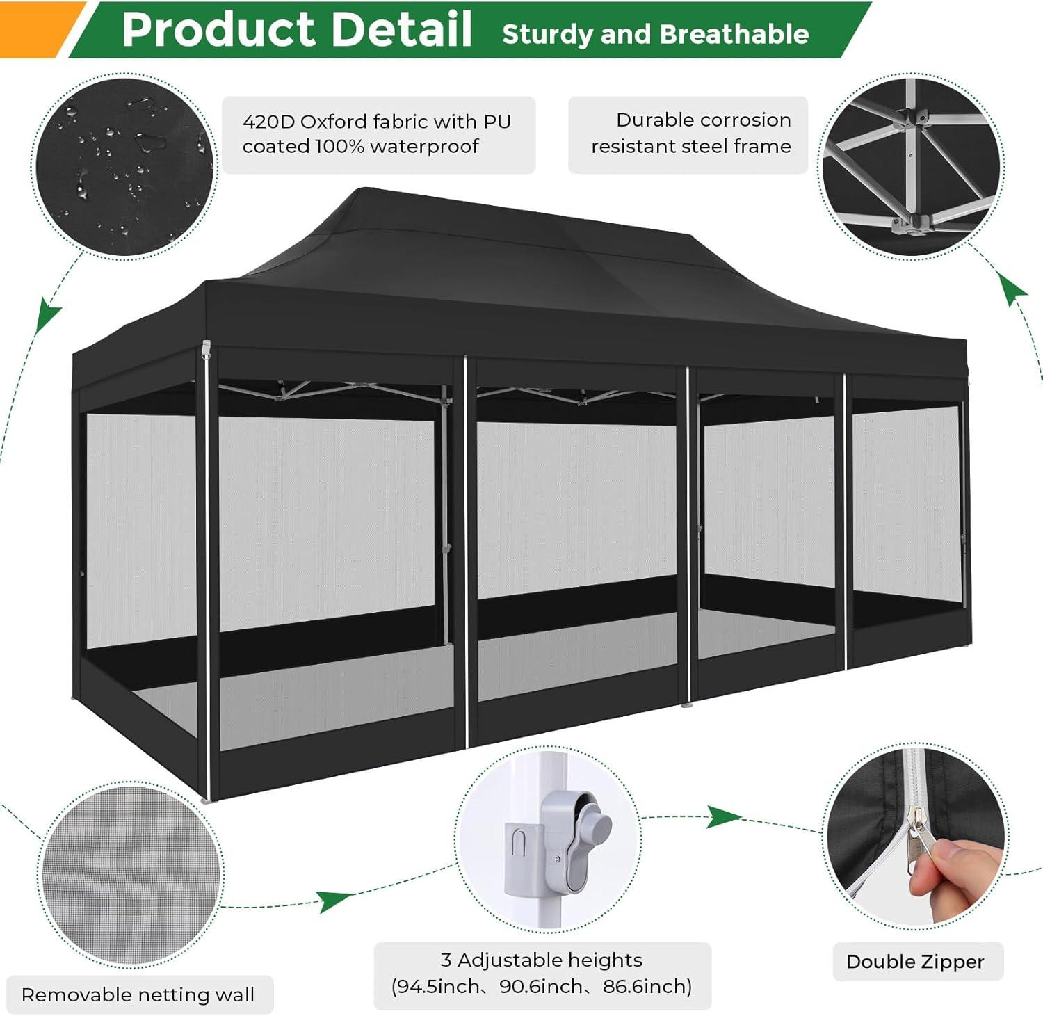 image:imageCOBIZI 10x20 Heavy Duty Pop Up Canopy Tent with 6 Sidewalls Easy Set Up Outdoor Waterproof Screen Commercial Party Tent with Mosquito Netting for Parties Backyard Patio Roller Bag GrayBlack