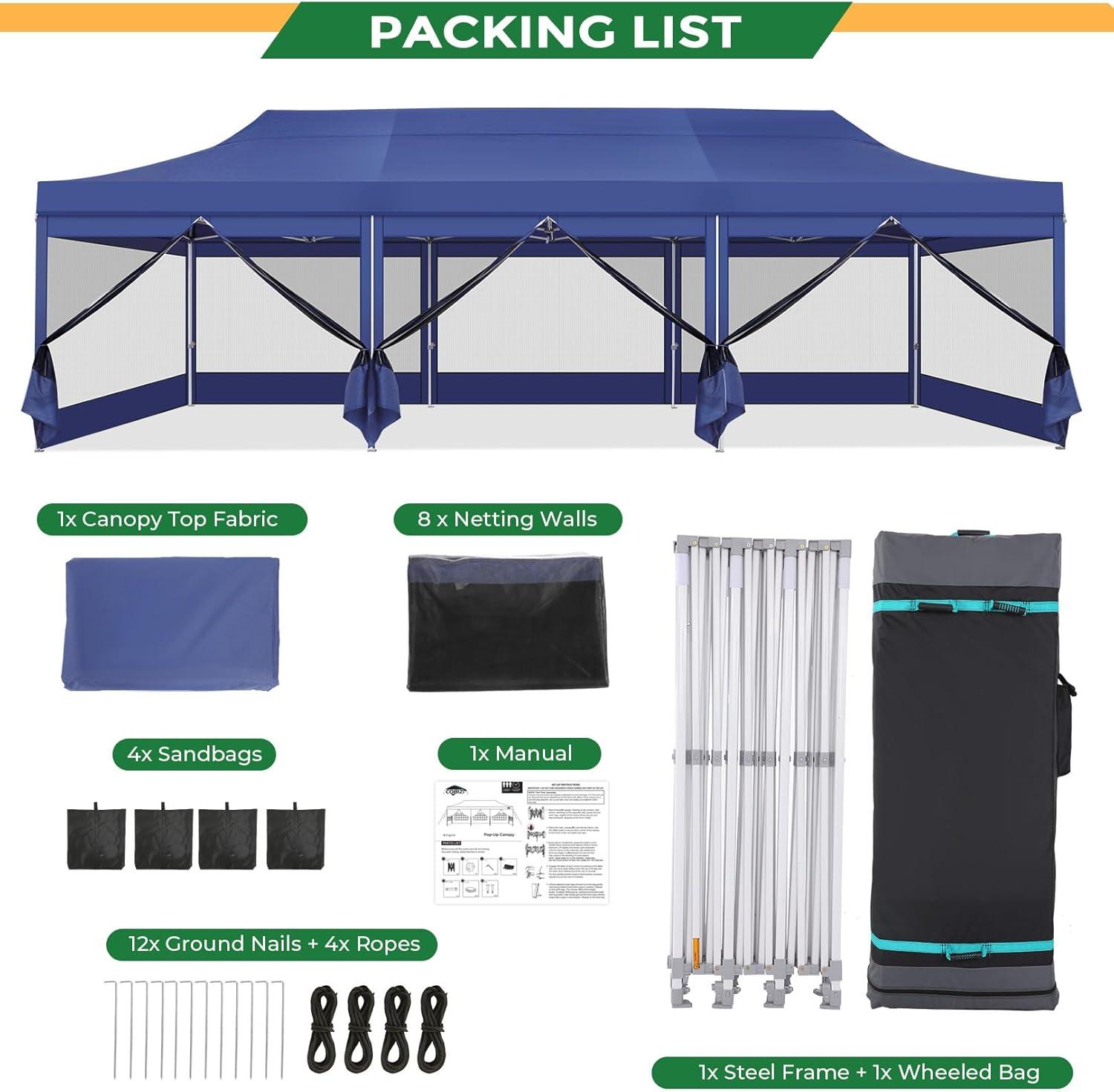 image:imageCOBIZI 10x20 Heavy Duty Pop Up Canopy Tent with 6 Sidewalls Easy Set Up Outdoor Waterproof Screen Commercial Party Tent with Mosquito Netting for Parties Backyard Patio Roller Bag GrayDark Blue