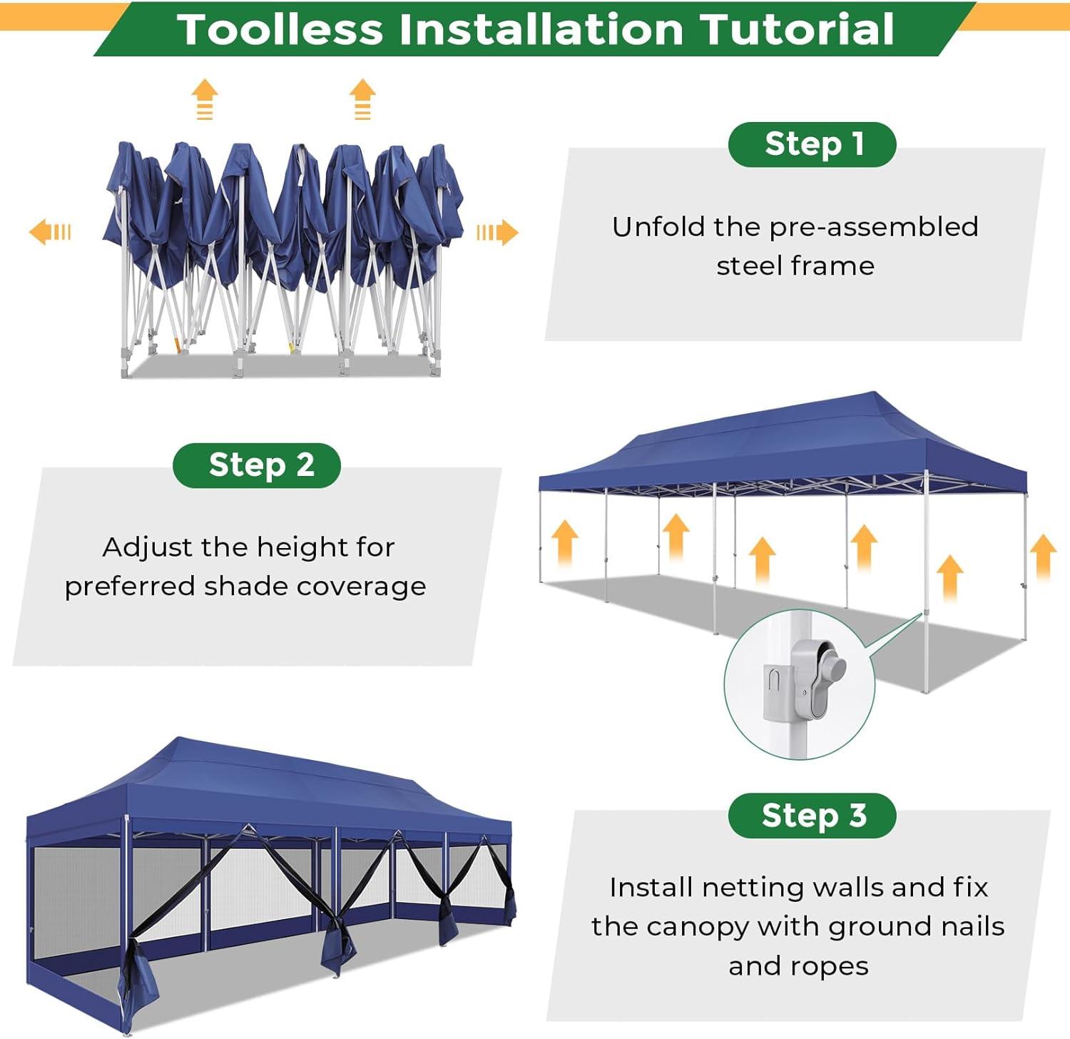 image:imageCOBIZI 10x20 Heavy Duty Pop Up Canopy Tent with 6 Sidewalls Easy Set Up Outdoor Waterproof Screen Commercial Party Tent with Mosquito Netting for Parties Backyard Patio Roller Bag GrayDark Blue