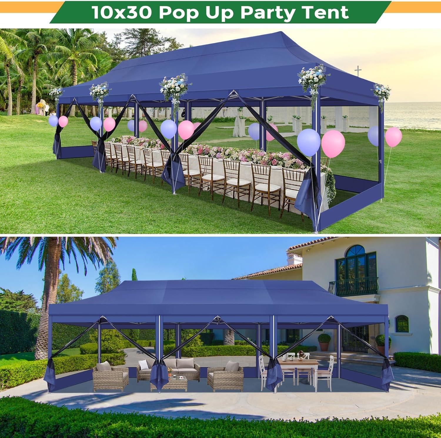image:imageCOBIZI 10x20 Heavy Duty Pop Up Canopy Tent with 6 Sidewalls Easy Set Up Outdoor Waterproof Screen Commercial Party Tent with Mosquito Netting for Parties Backyard Patio Roller Bag GrayDark Blue