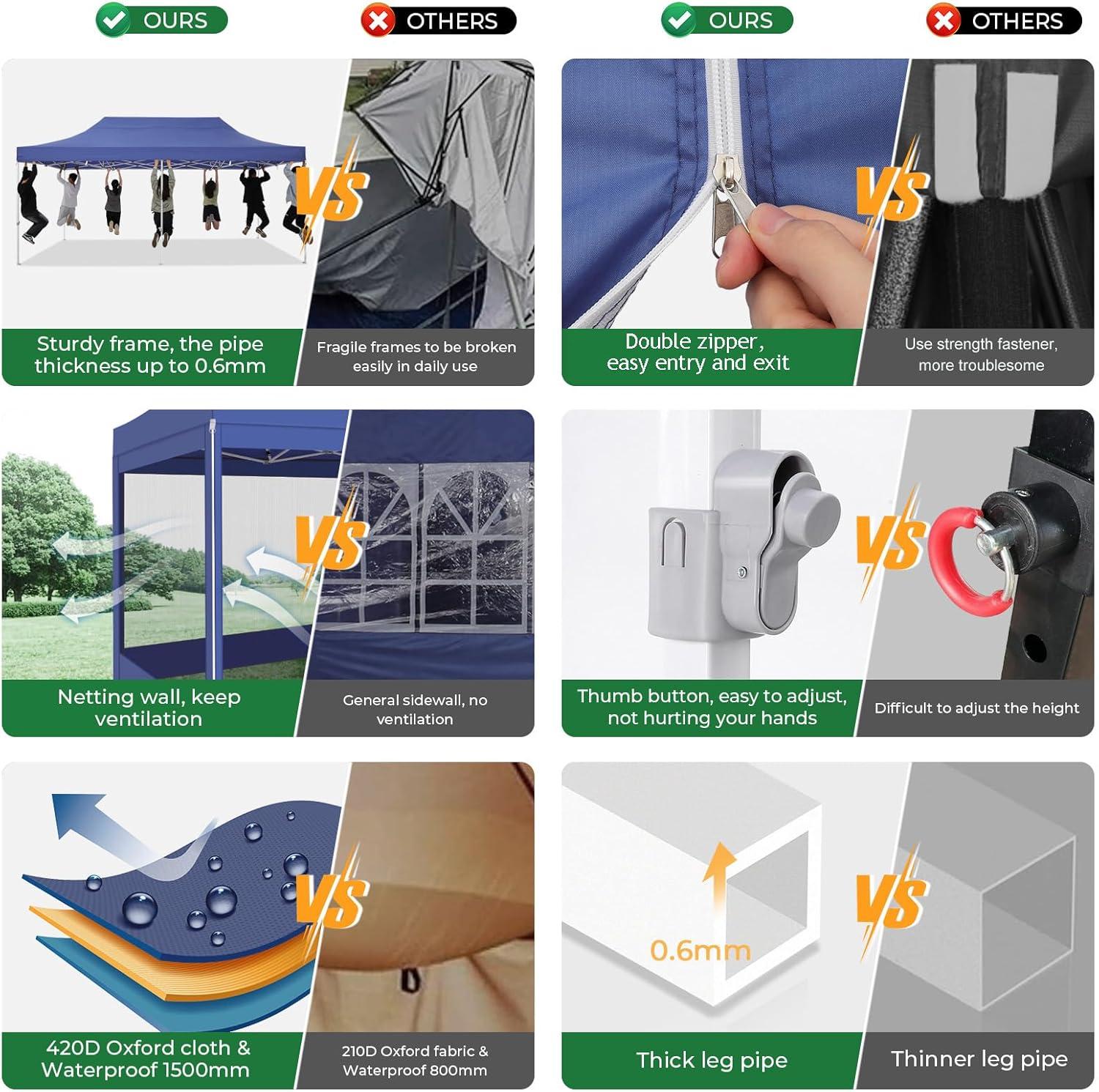 image:imageCOBIZI 10x20 Heavy Duty Pop Up Canopy Tent with 6 Sidewalls Easy Set Up Outdoor Waterproof Screen Commercial Party Tent with Mosquito Netting for Parties Backyard Patio Roller Bag GrayDark Blue