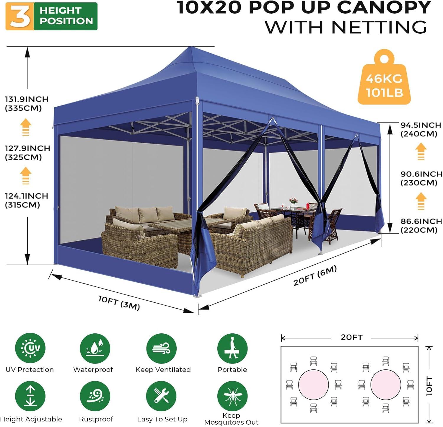 image:imageCOBIZI 10x20 Heavy Duty Pop Up Canopy Tent with 6 Sidewalls Easy Set Up Outdoor Waterproof Screen Commercial Party Tent with Mosquito Netting for Parties Backyard Patio Roller Bag GrayDark Blue