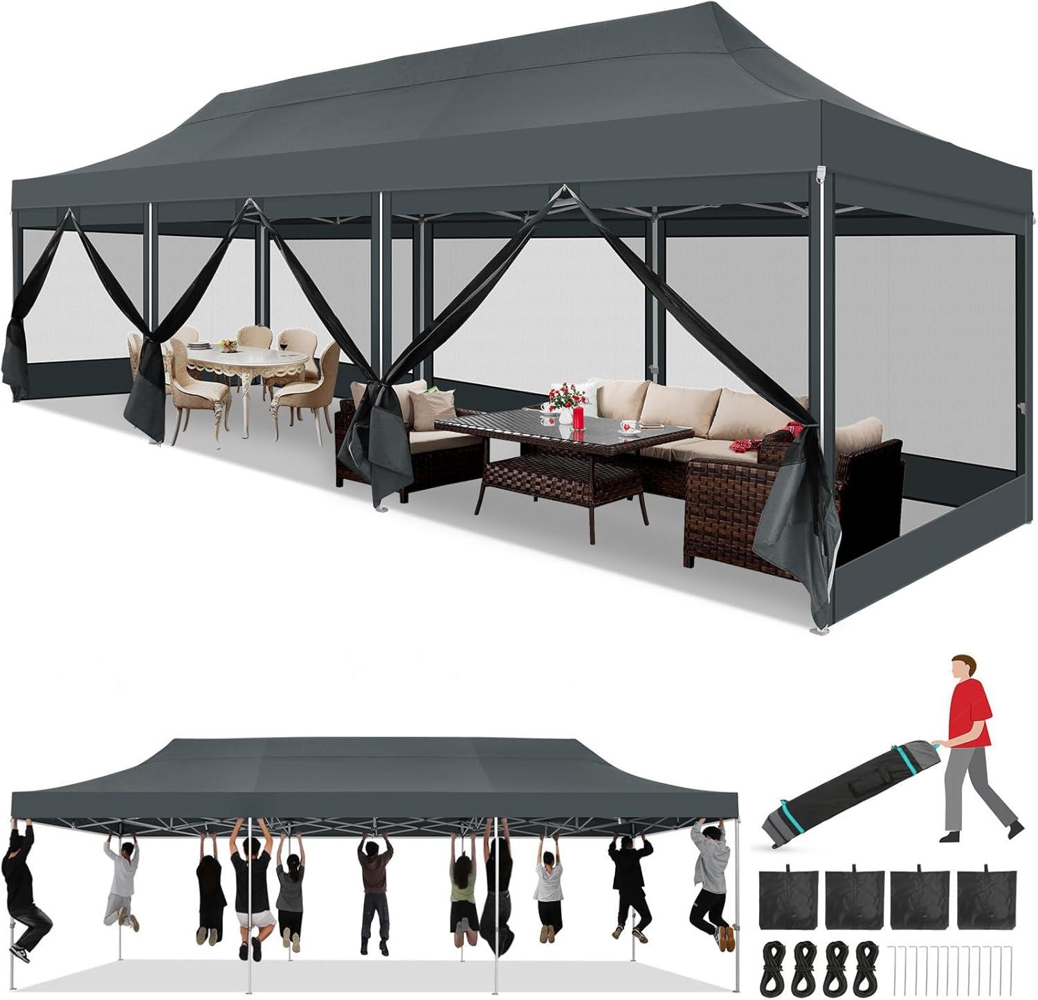 image:imageCOBIZI 10x20 Heavy Duty Pop Up Canopy Tent with 6 Sidewalls Easy Set Up Outdoor Waterproof Screen Commercial Party Tent with Mosquito Netting for Parties Backyard Patio Roller Bag GrayGray