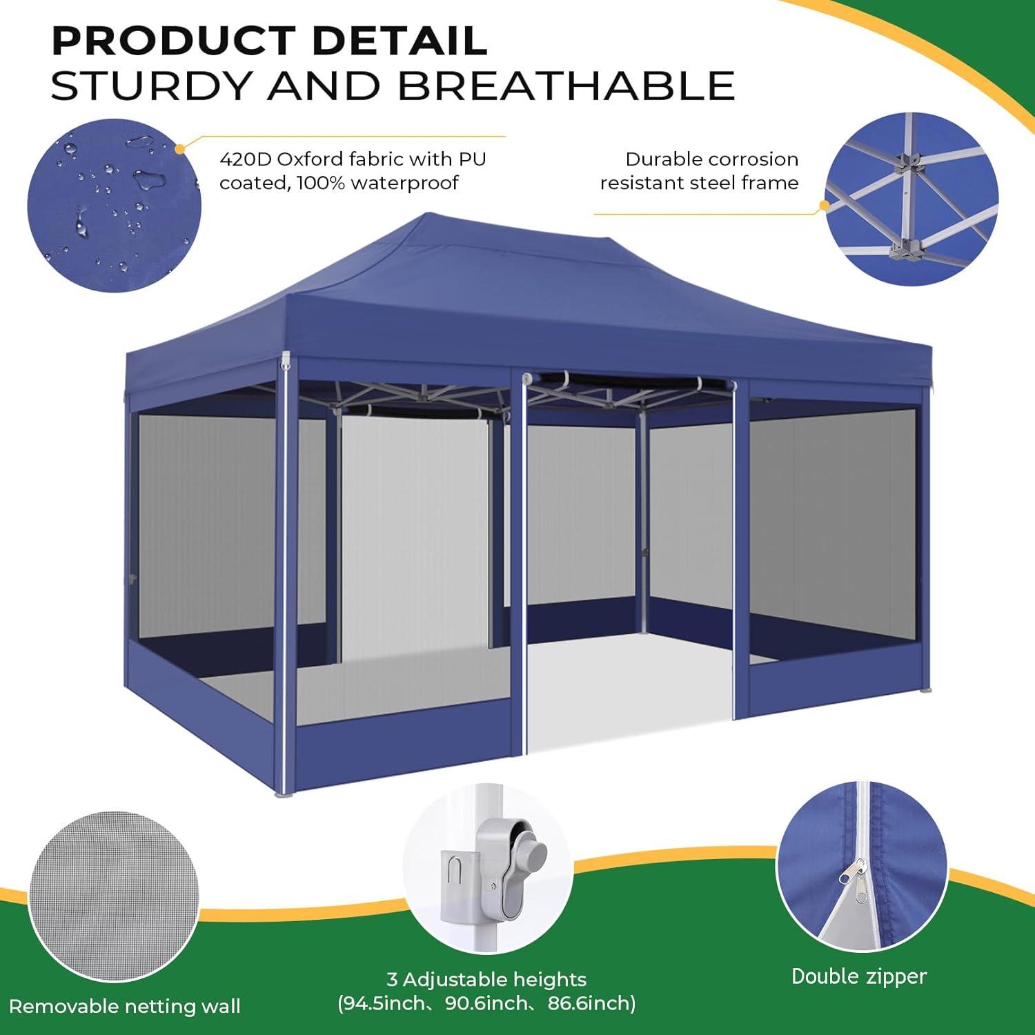 image:imageCOBIZI 10x20 Heavy Duty Pop Up Canopy Tent with 6 Sidewalls Easy Set Up Outdoor Waterproof Screen Commercial Party Tent with Mosquito Netting for Parties Backyard Patio Roller Bag GrayDark Blue