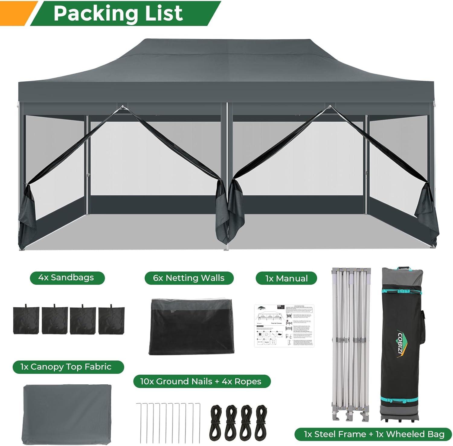 image:imageCOBIZI 10x20 Heavy Duty Pop Up Canopy Tent with 6 Sidewalls Easy Set Up Outdoor Waterproof Screen Commercial Party Tent with Mosquito Netting for Parties Backyard Patio Roller Bag GrayGray