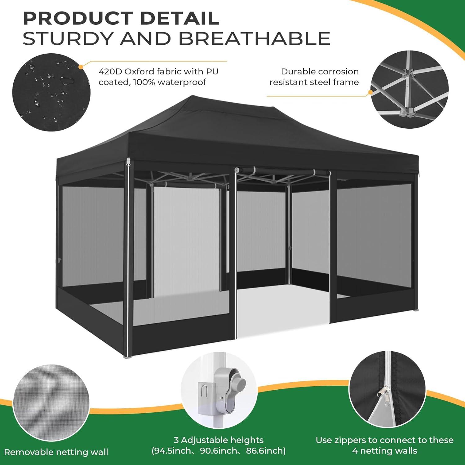 image:imageCOBIZI 10x20 Heavy Duty Pop Up Canopy Tent with 6 Sidewalls Easy Set Up Outdoor Waterproof Screen Commercial Party Tent with Mosquito Netting for Parties Backyard Patio Roller Bag GrayBlack