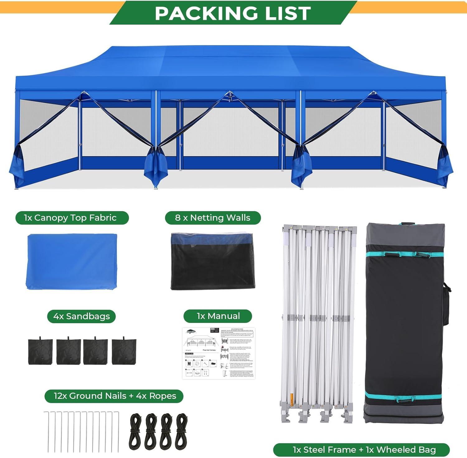 image:imageCOBIZI 10x20 Heavy Duty Pop Up Canopy Tent with 6 Sidewalls Easy Set Up Outdoor Waterproof Screen Commercial Party Tent with Mosquito Netting for Parties Backyard Patio Roller Bag GrayBlue
