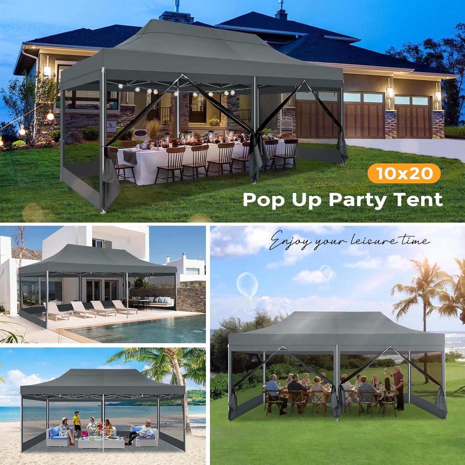 image:imageCOBIZI 10x20 Heavy Duty Pop Up Canopy Tent with 6 Sidewalls Easy Set Up Outdoor Waterproof Screen Commercial Party Tent with Mosquito Netting for Parties Backyard Patio Roller Bag GrayGray