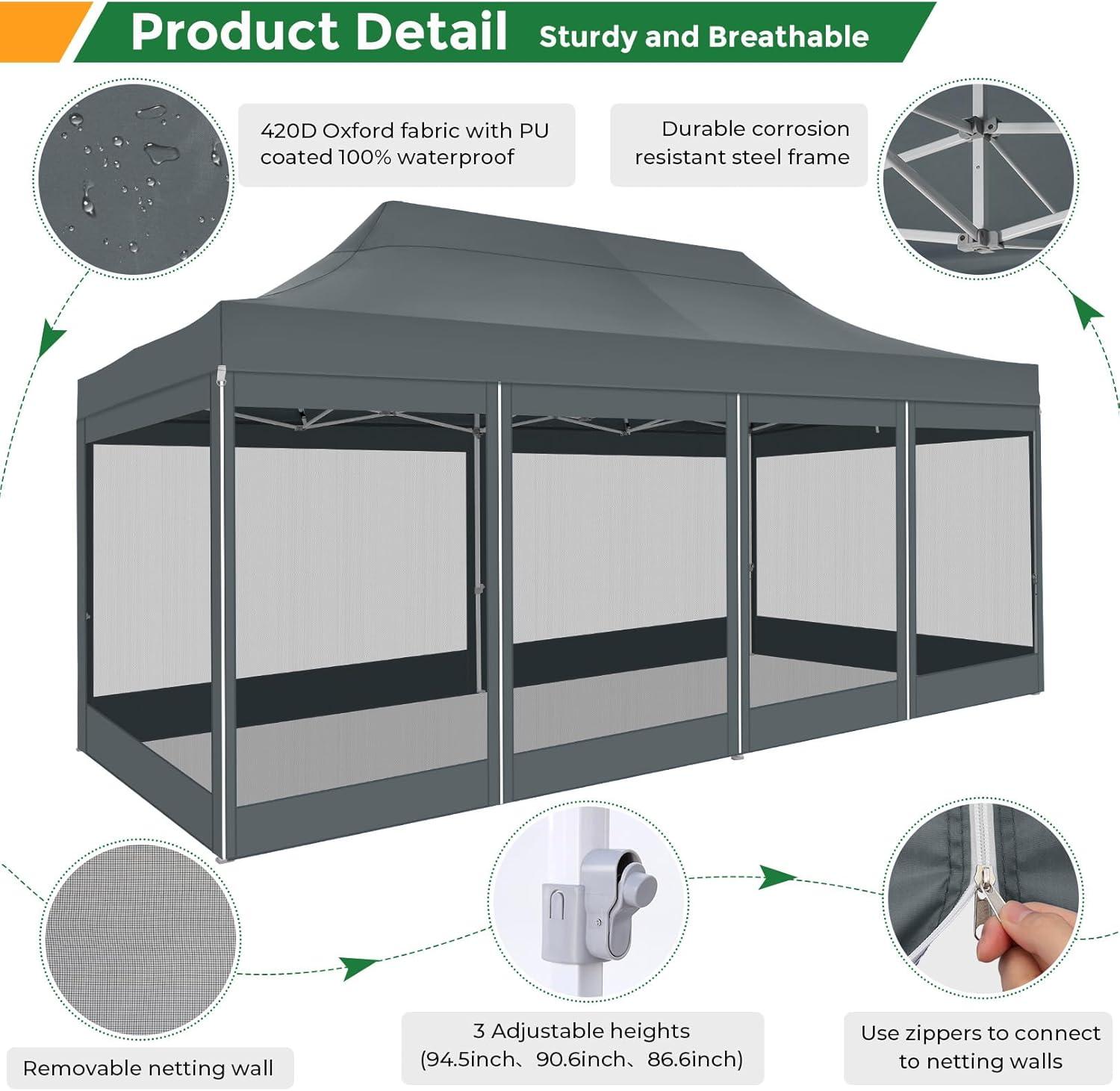 image:imageCOBIZI 10x20 Heavy Duty Pop Up Canopy Tent with 6 Sidewalls Easy Set Up Outdoor Waterproof Screen Commercial Party Tent with Mosquito Netting for Parties Backyard Patio Roller Bag GrayGray